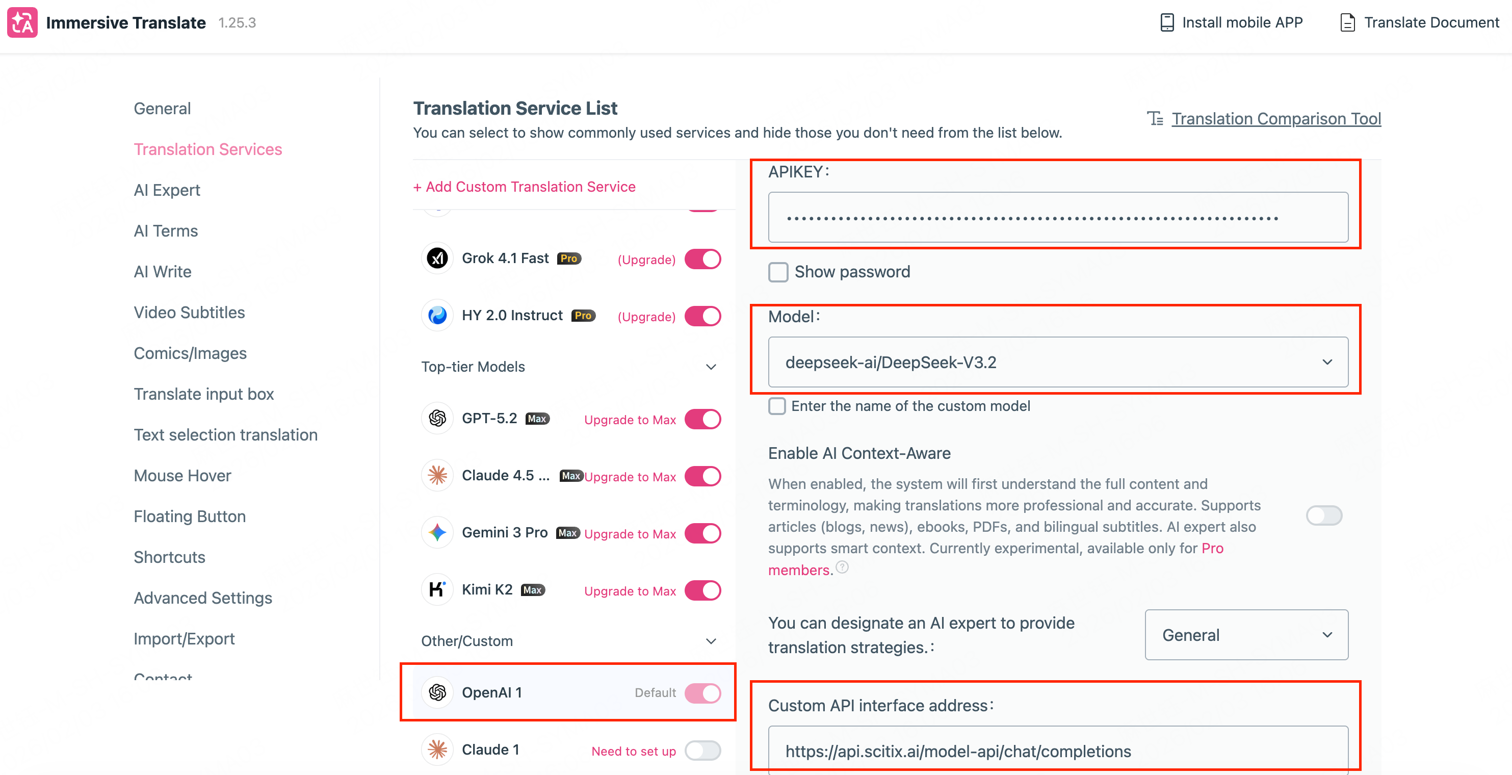 Immersive Translate — API and model configuration
