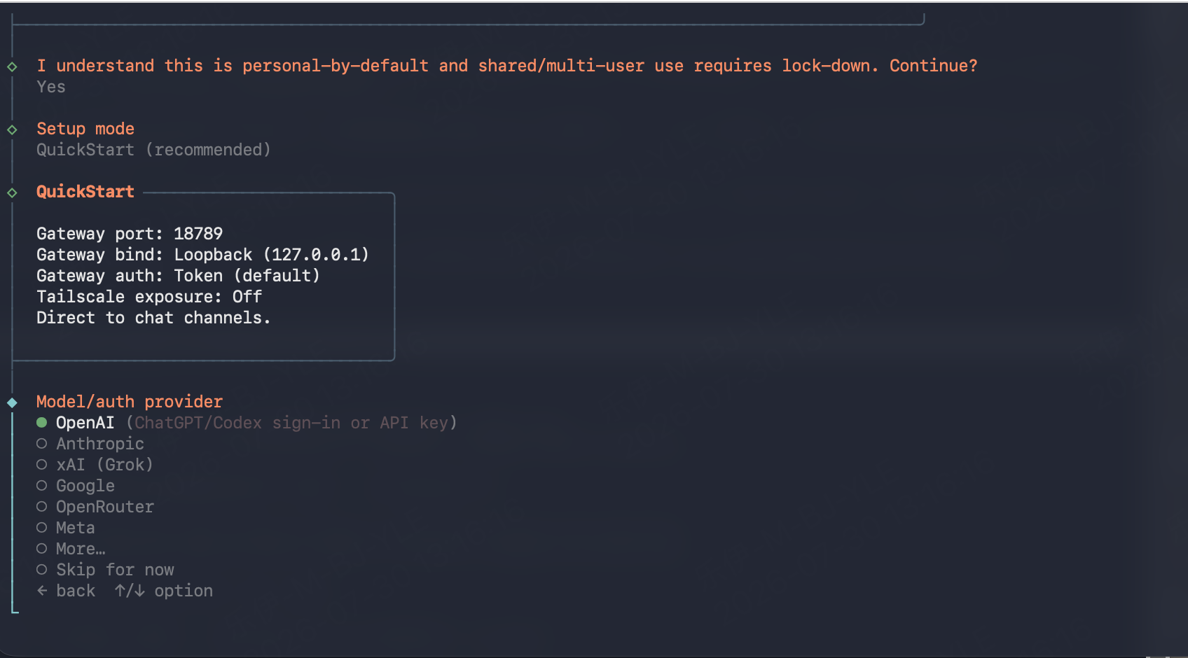 OpenClaw onboard — select "Skip for now" at the Model/auth provider step