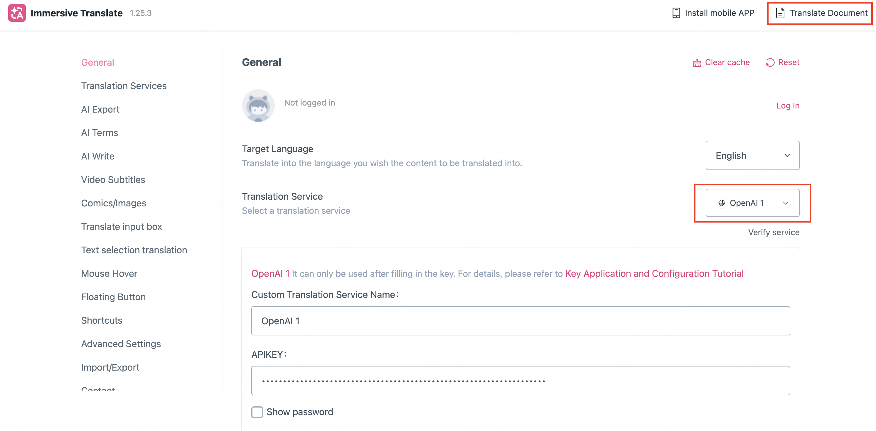 Immersive Translate — select API / open settings