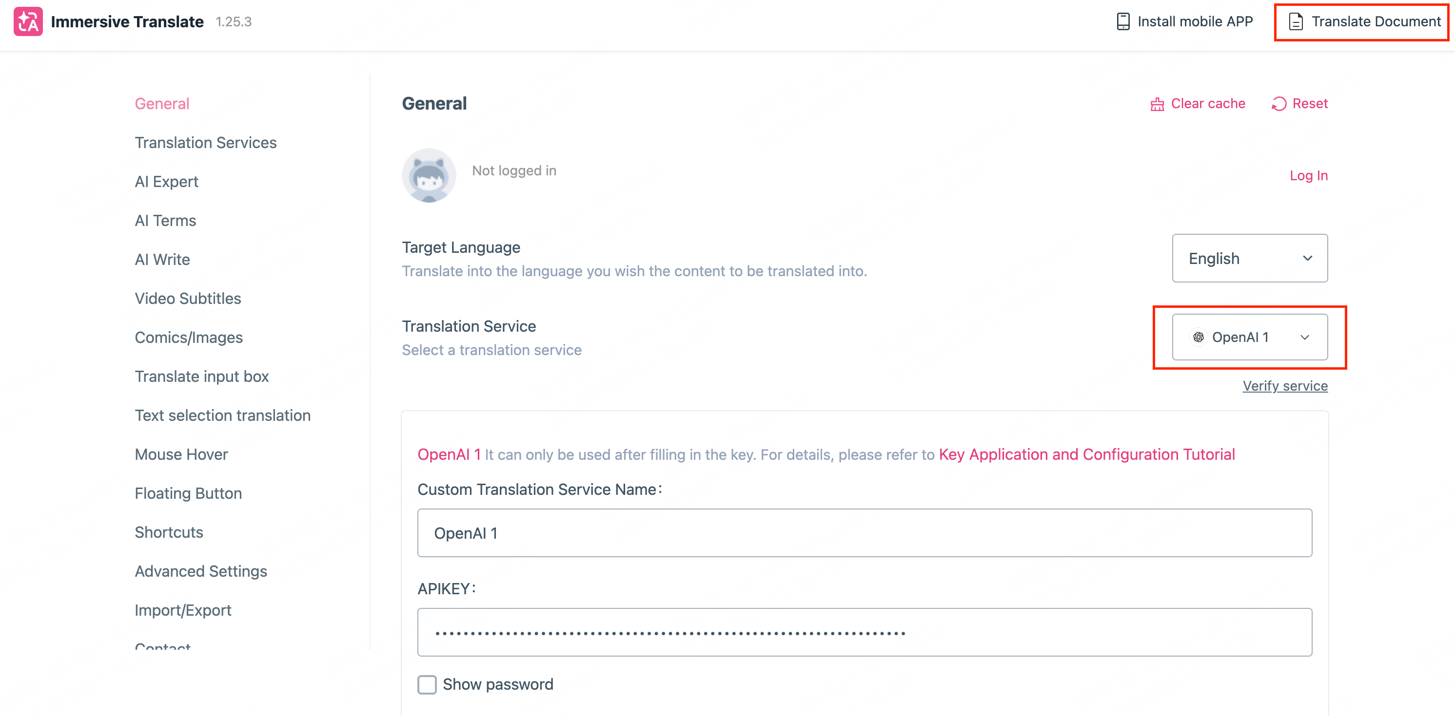 Immersive Translate — select API / open settings