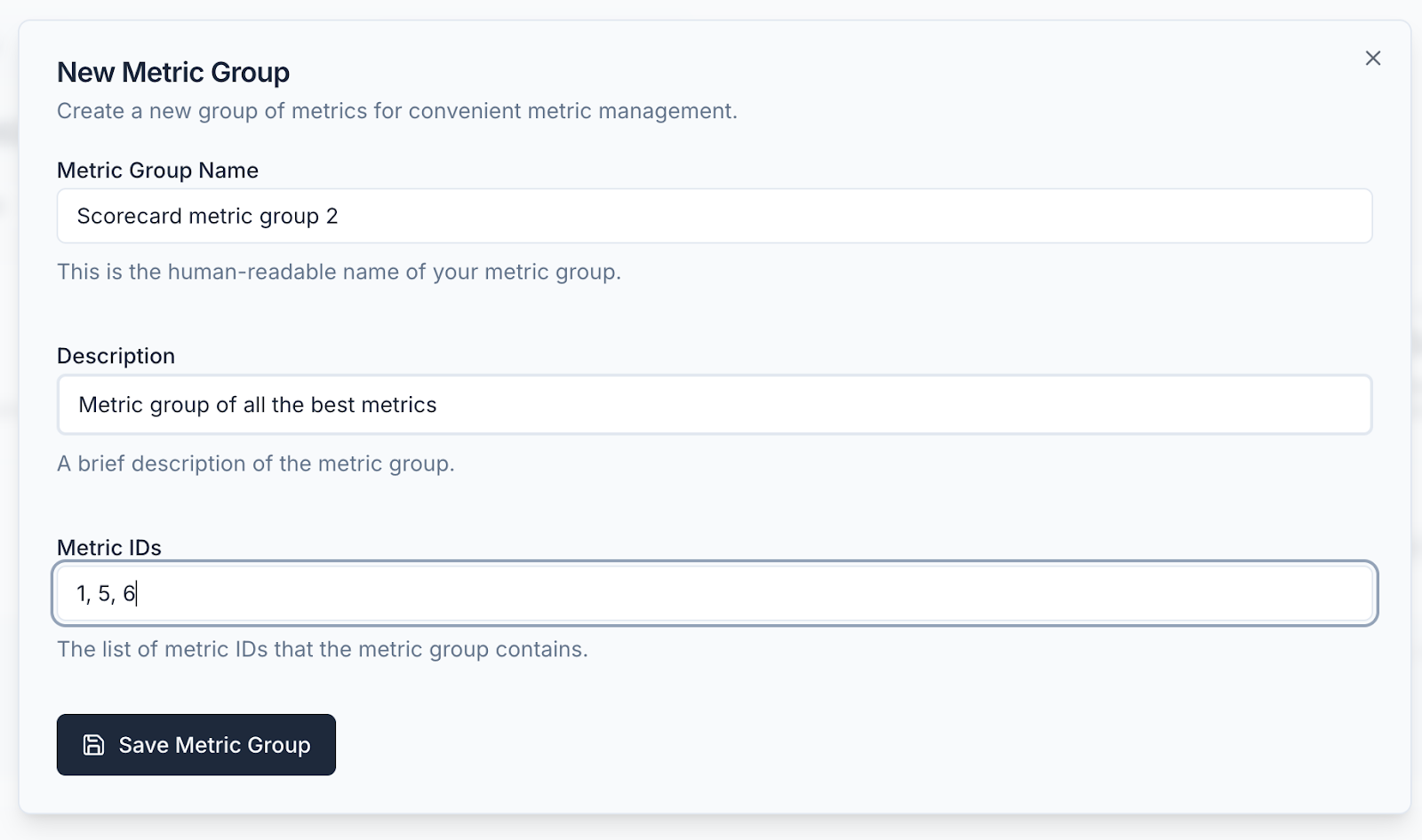 Metric selector with searchable dropdown
