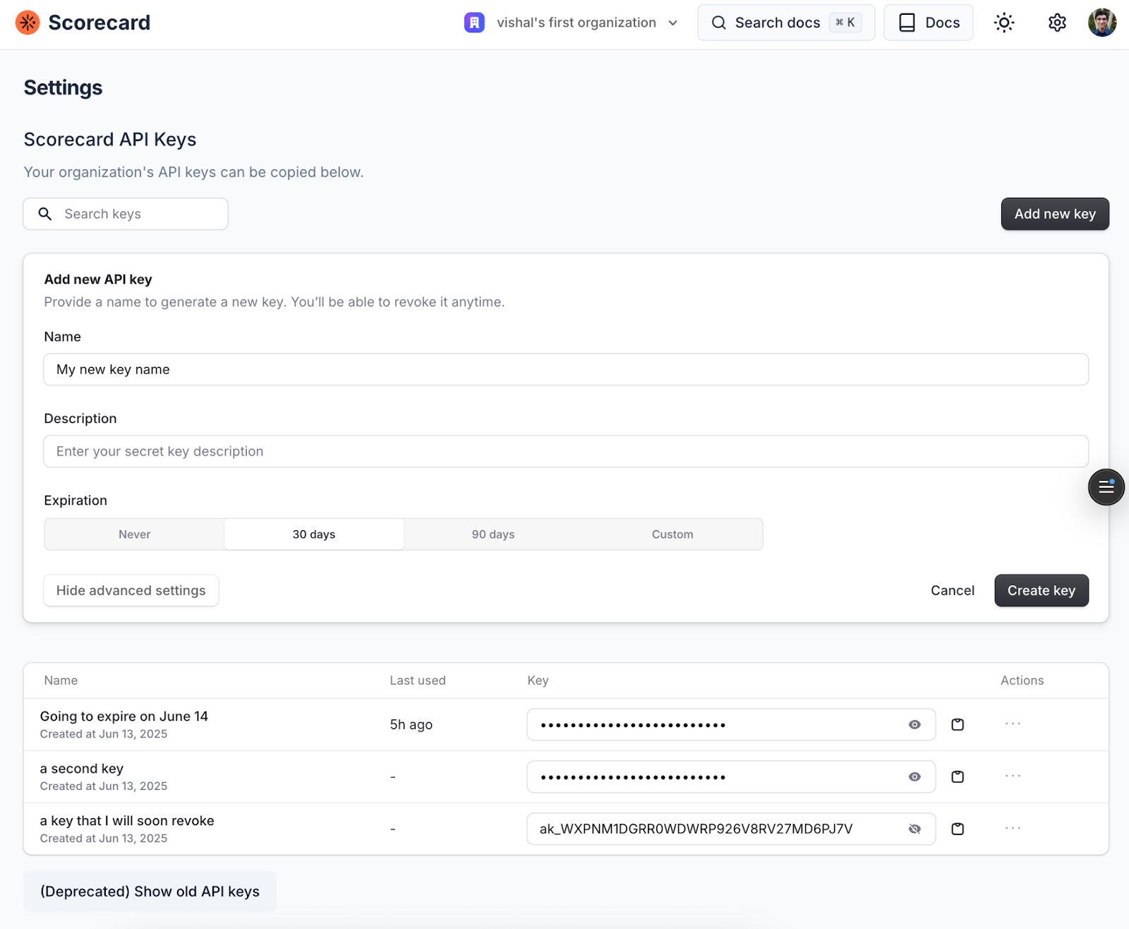 New API key management interface showing multiple keys and expiry options