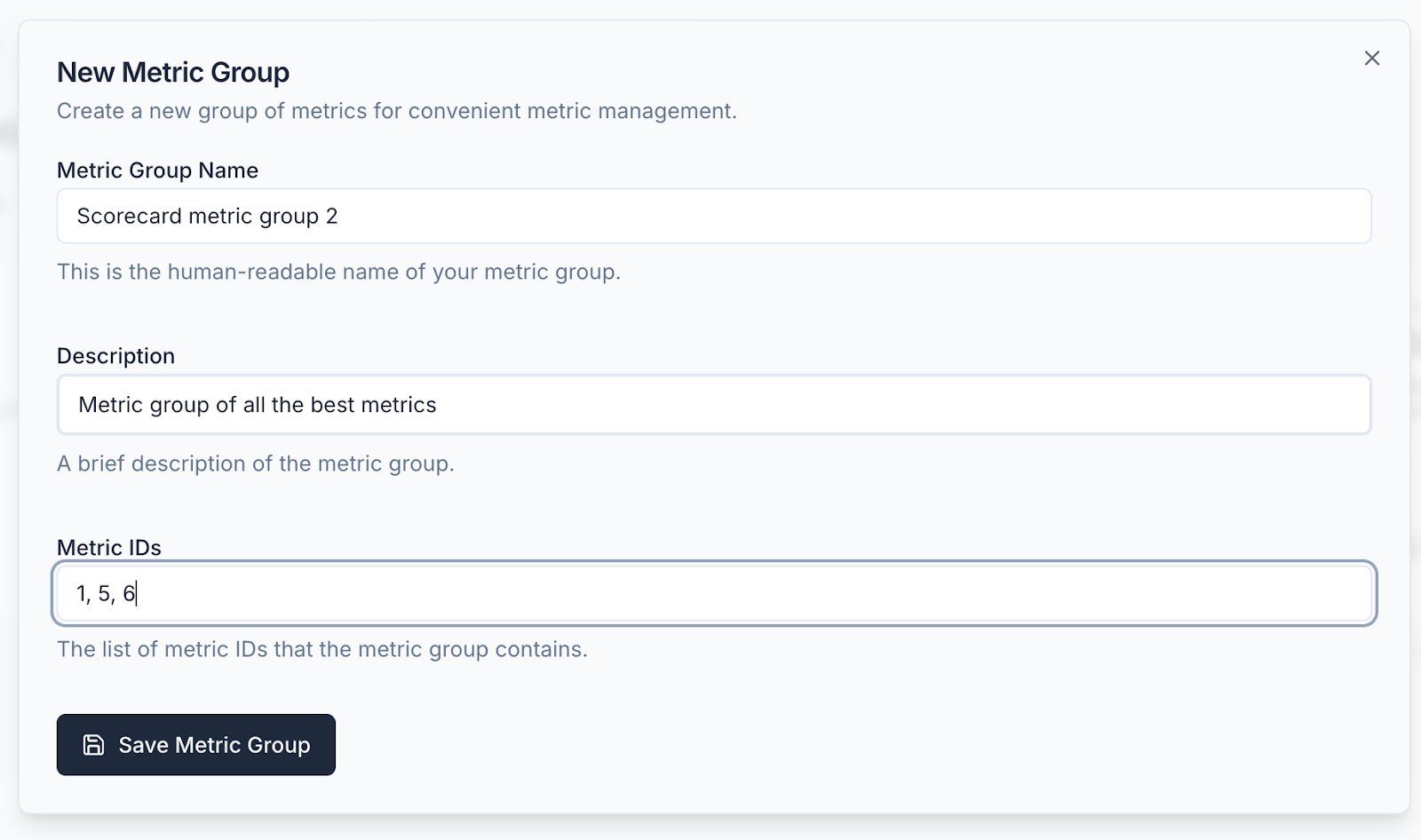 Metric selector with searchable dropdown