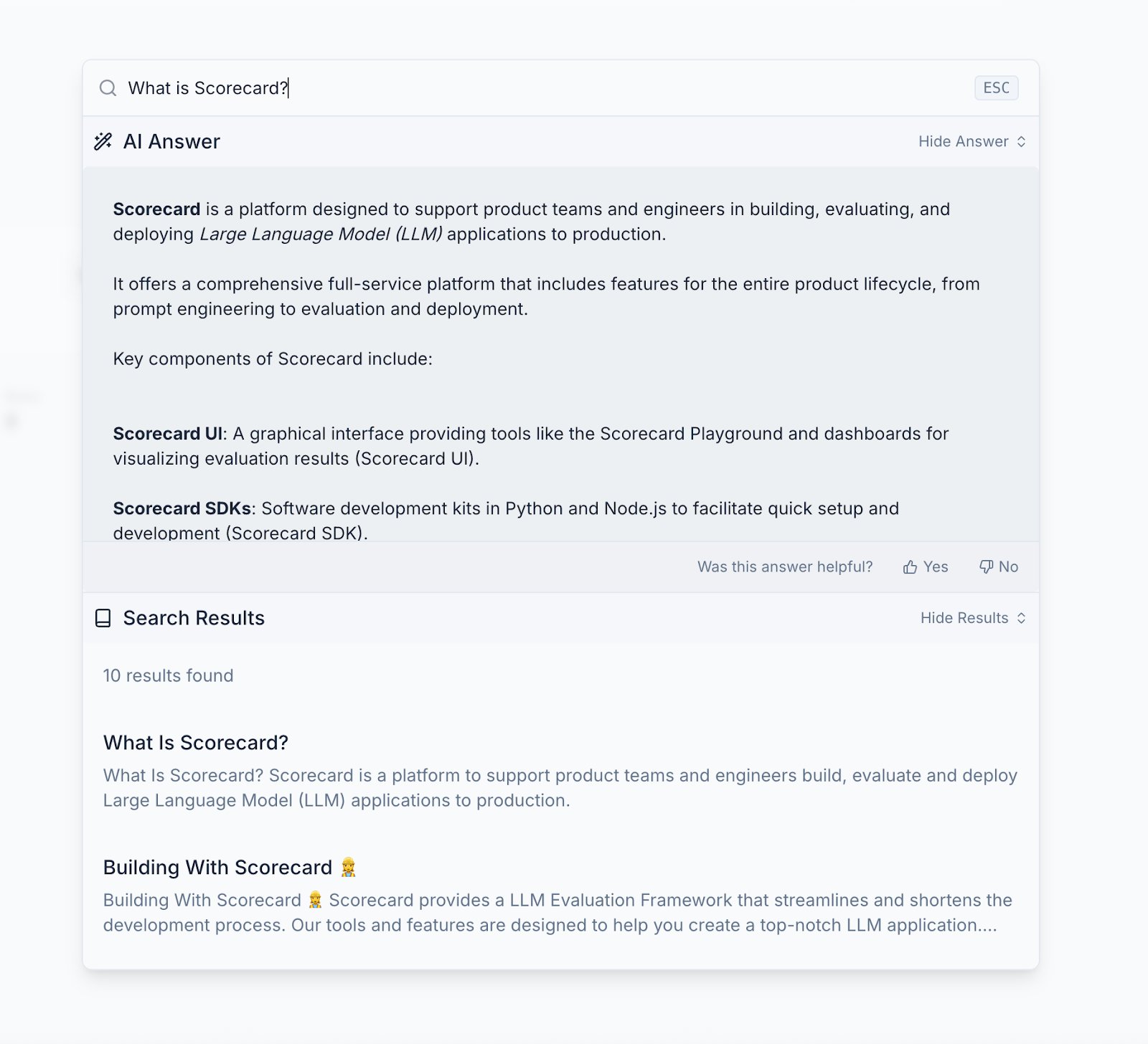 Screenshot of the in-app documentation search feature (QA Docsbot)