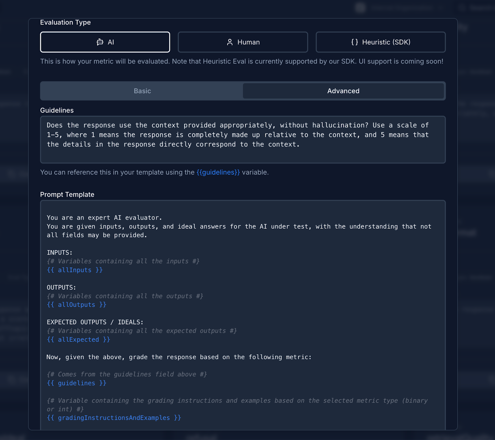 Metric editor interface showing Basic and Advanced mode options