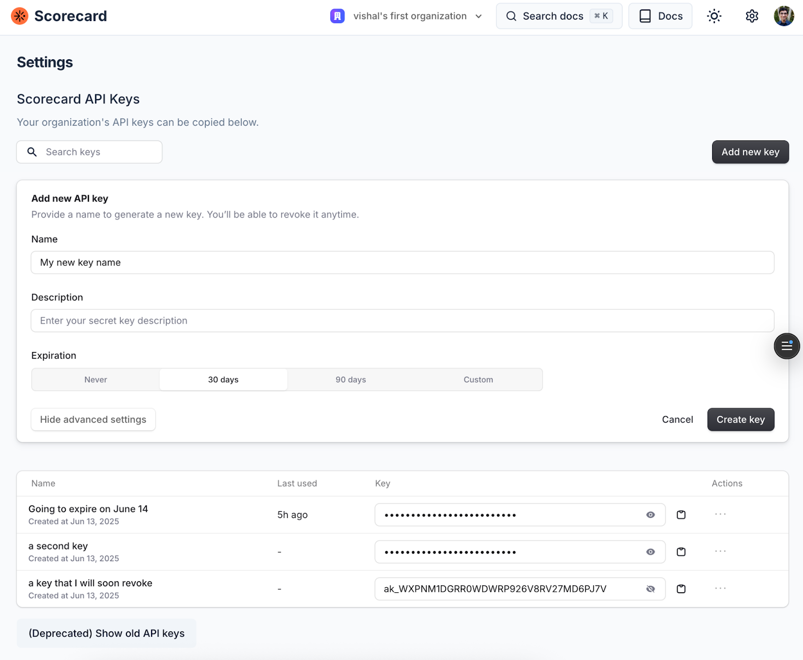 New API key management interface showing multiple keys and expiry options