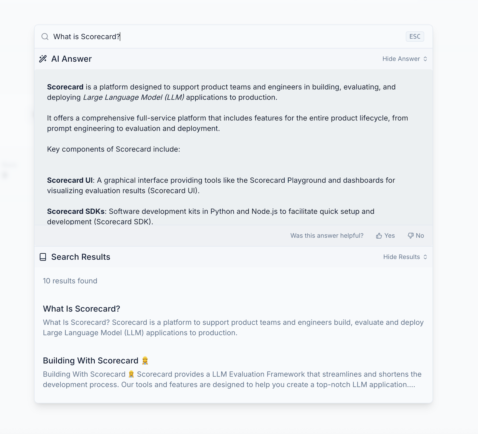 Screenshot of the in-app documentation search feature (QA Docsbot)