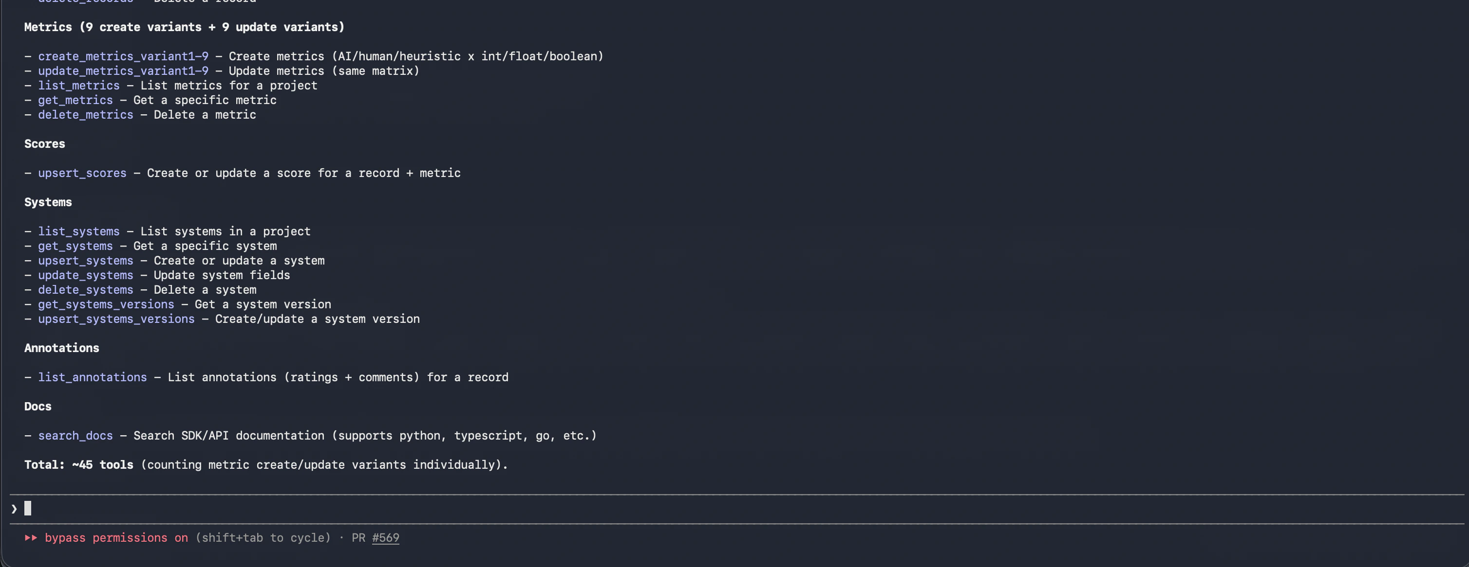 Scorecard MCP server tool listing showing ~45 available tools across Metrics, Scores, Systems, Annotations, and Docs.