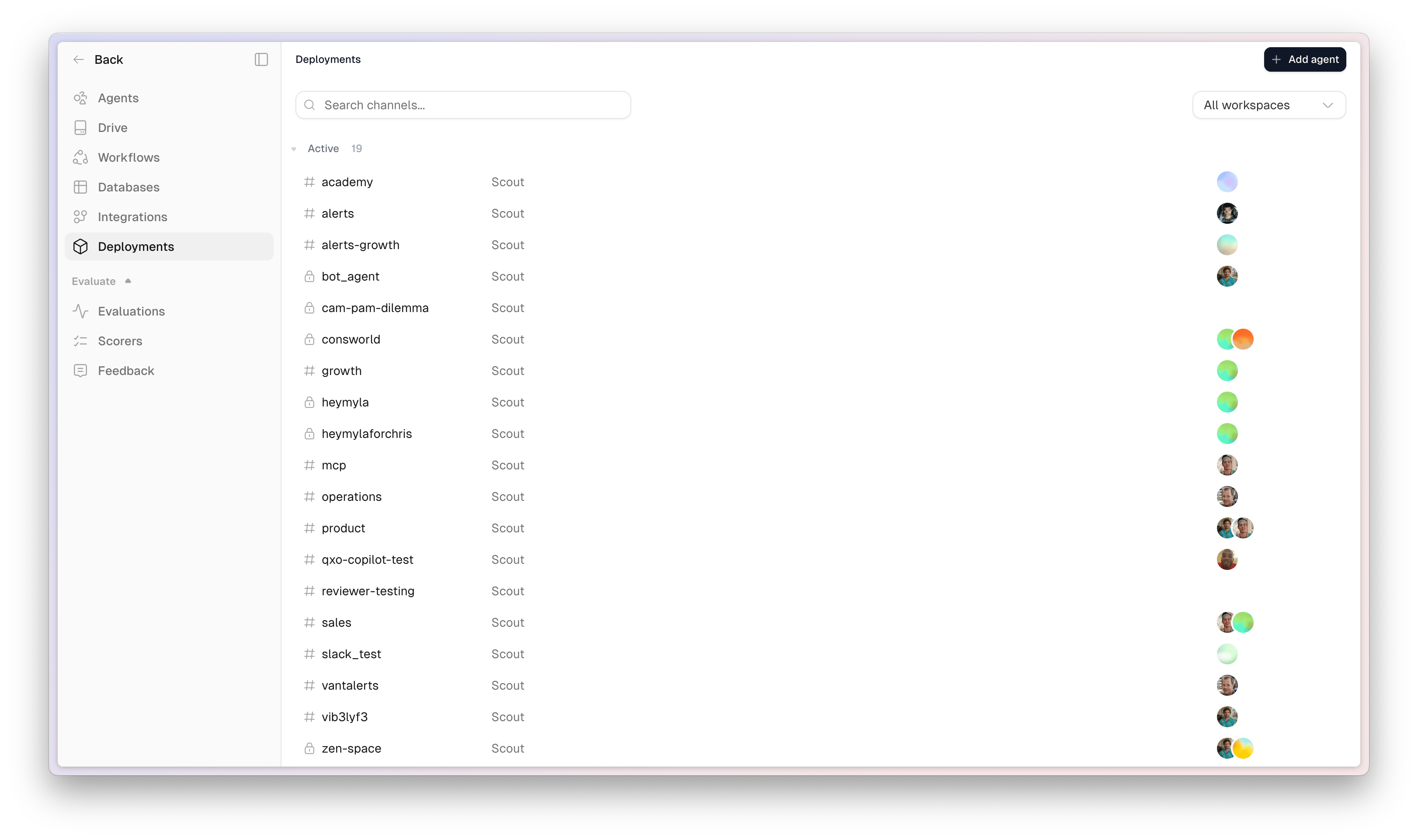 The Channels view showing Channel, Workspace, and Agents columns with active deployments