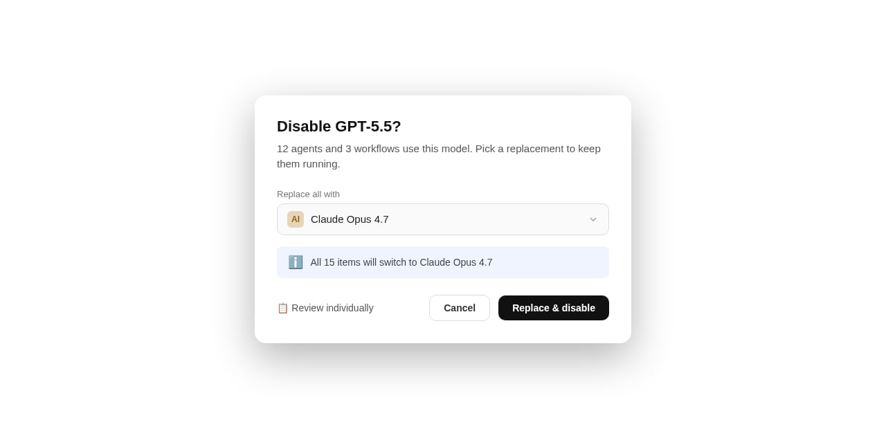 The disable-model confirmation modal with a replacement model picker and a count of affected items