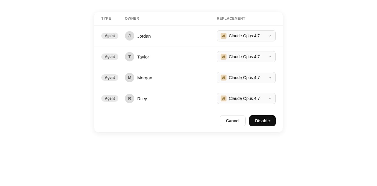 The per-item review table listing affected agents, each with its own replacement model dropdown