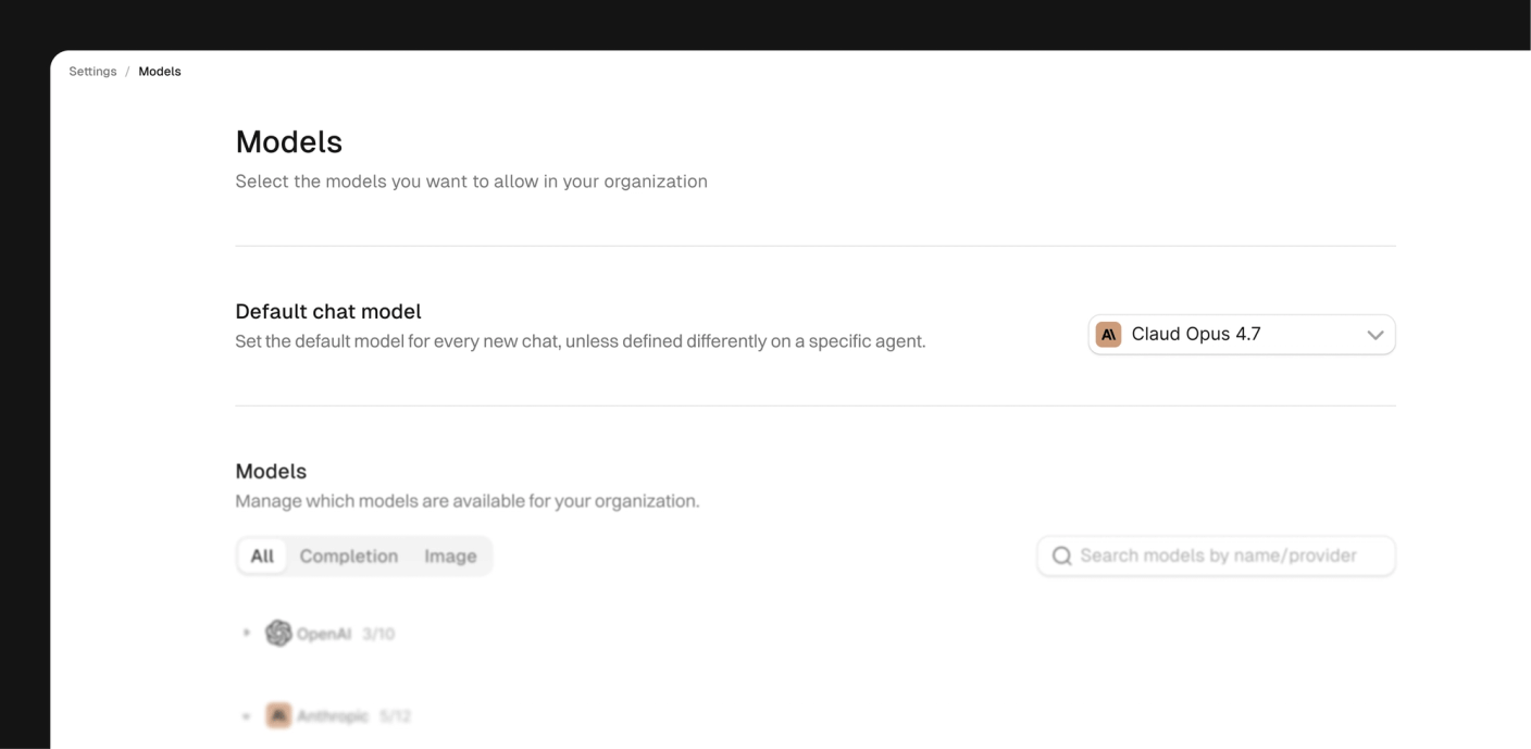 The Settings > Models page showing a Default chat model dropdown above a provider list with enabled counts