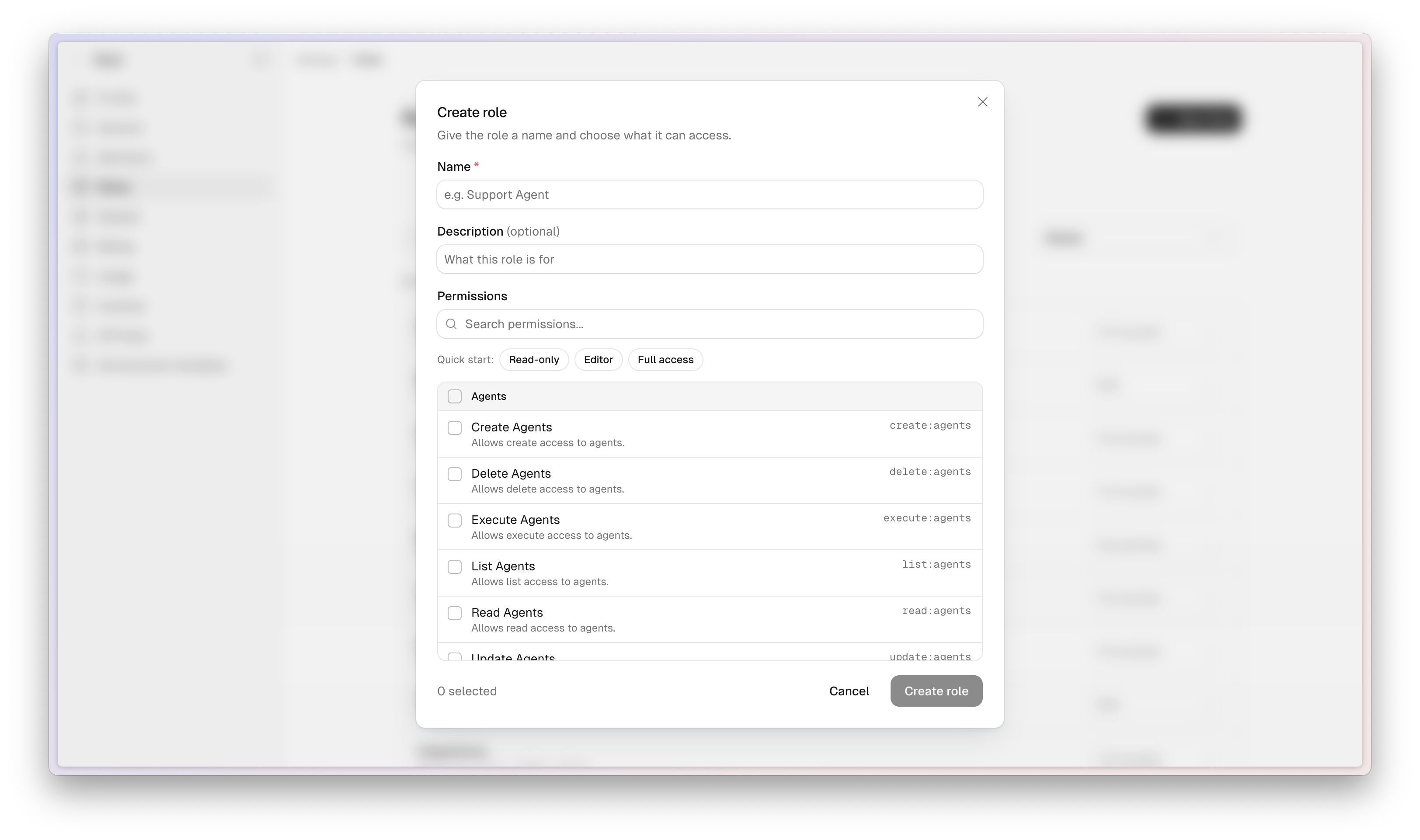 The Create role dialog with Name, optional Description, Quick start chips, and a searchable permissions list