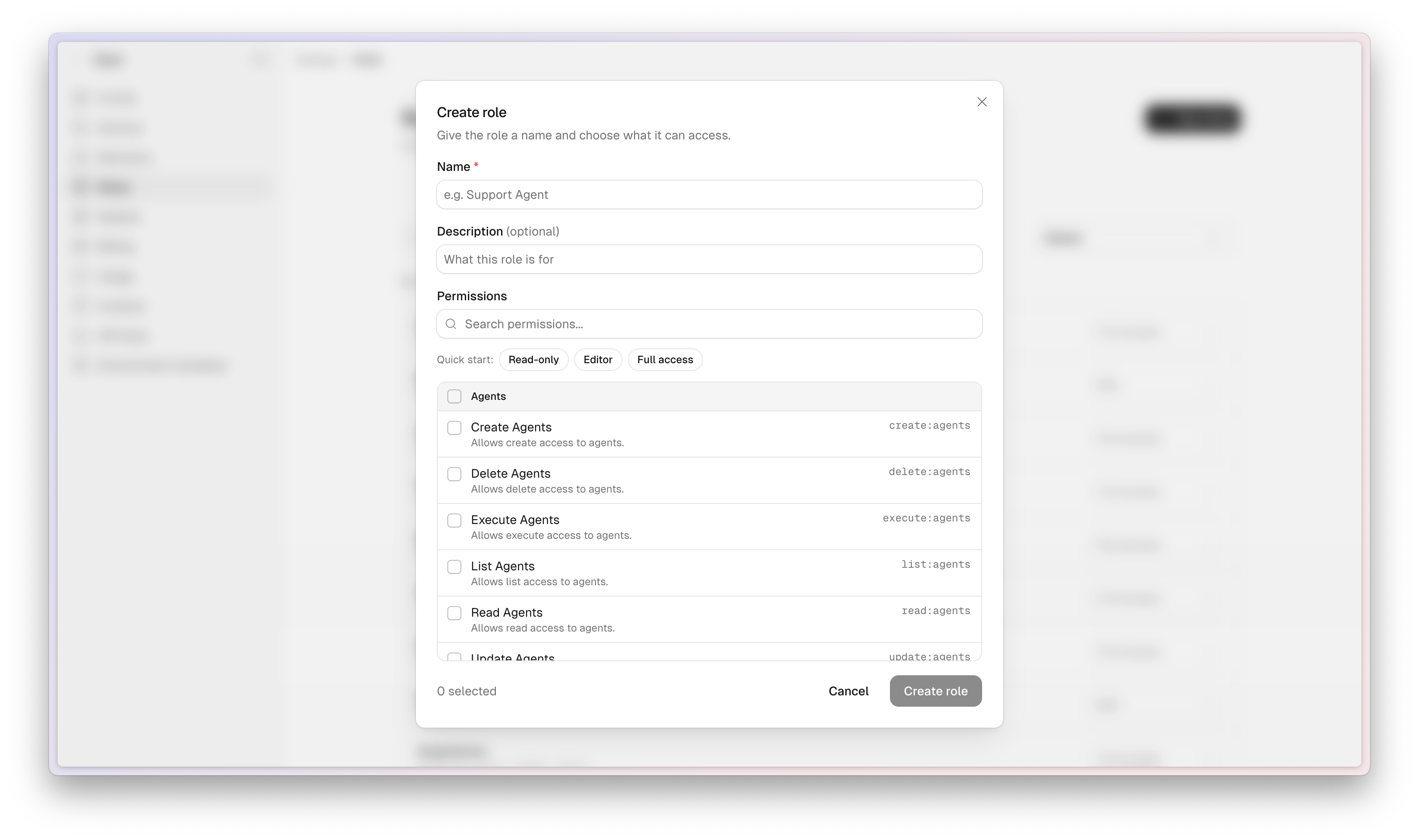 The Create role dialog with Name, optional Description, Quick start chips, and a searchable permissions list