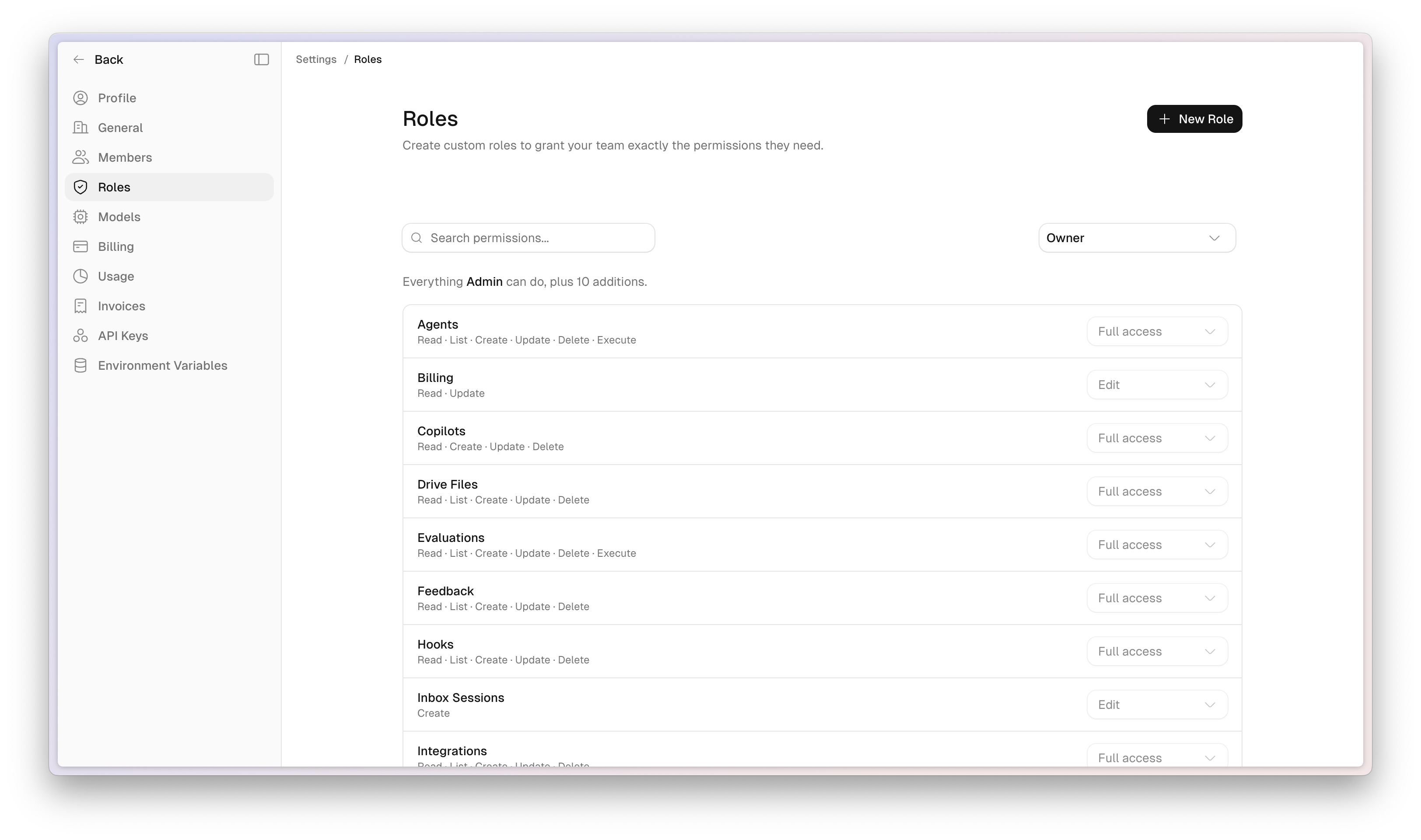 The Settings > Roles page with a permissions search field, an Owner role selected, and a list of resources with access levels