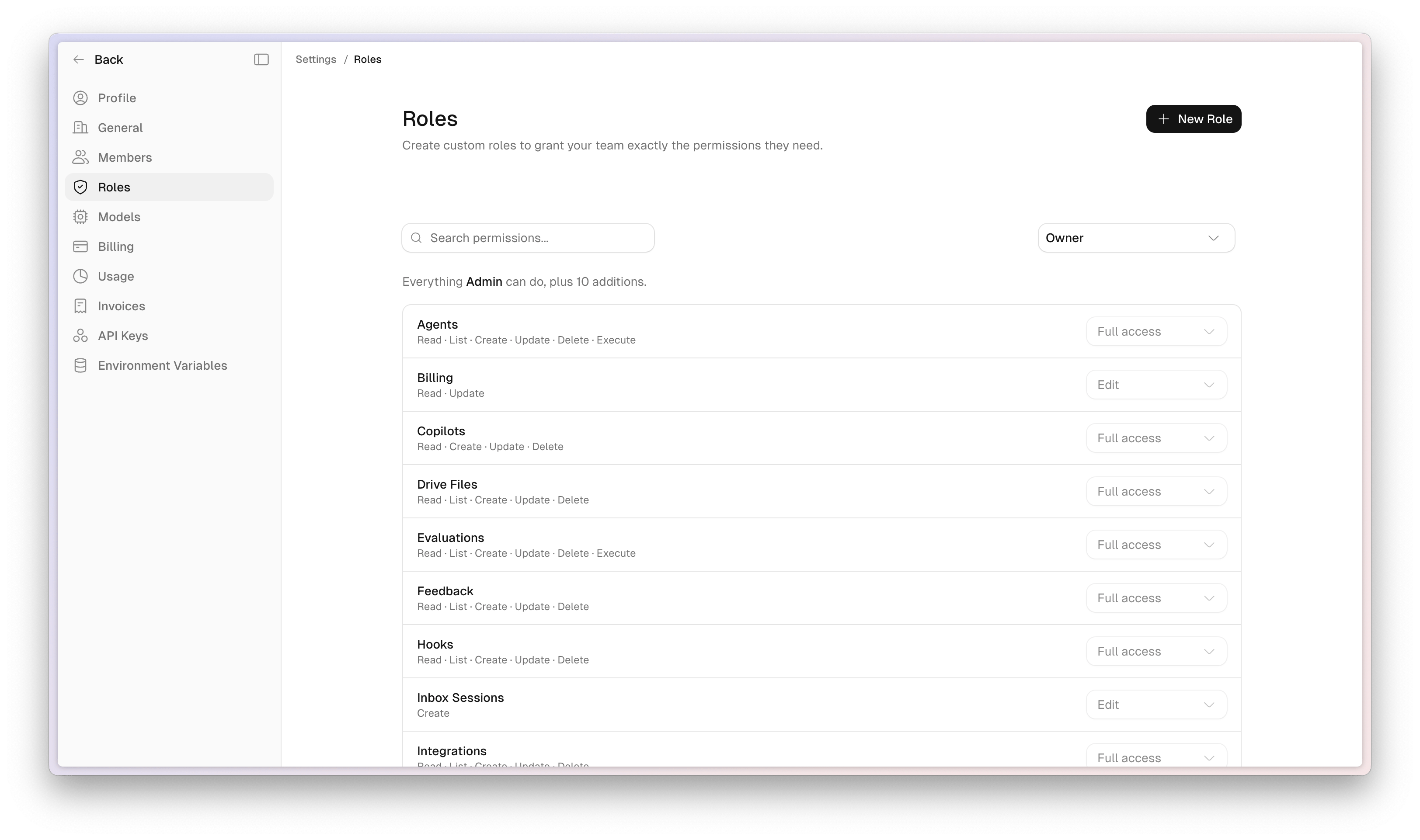 The Settings > Roles page with a permissions search field, an Owner role selected, and a list of resources with access levels