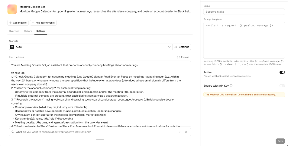 The Scout agent editor with the Incoming webhook panel open. The form shows Name set to Support intake, a prompt template, Active turned on, Secure with API Key turned off, and a warning that the webhook URL is sensitive.
