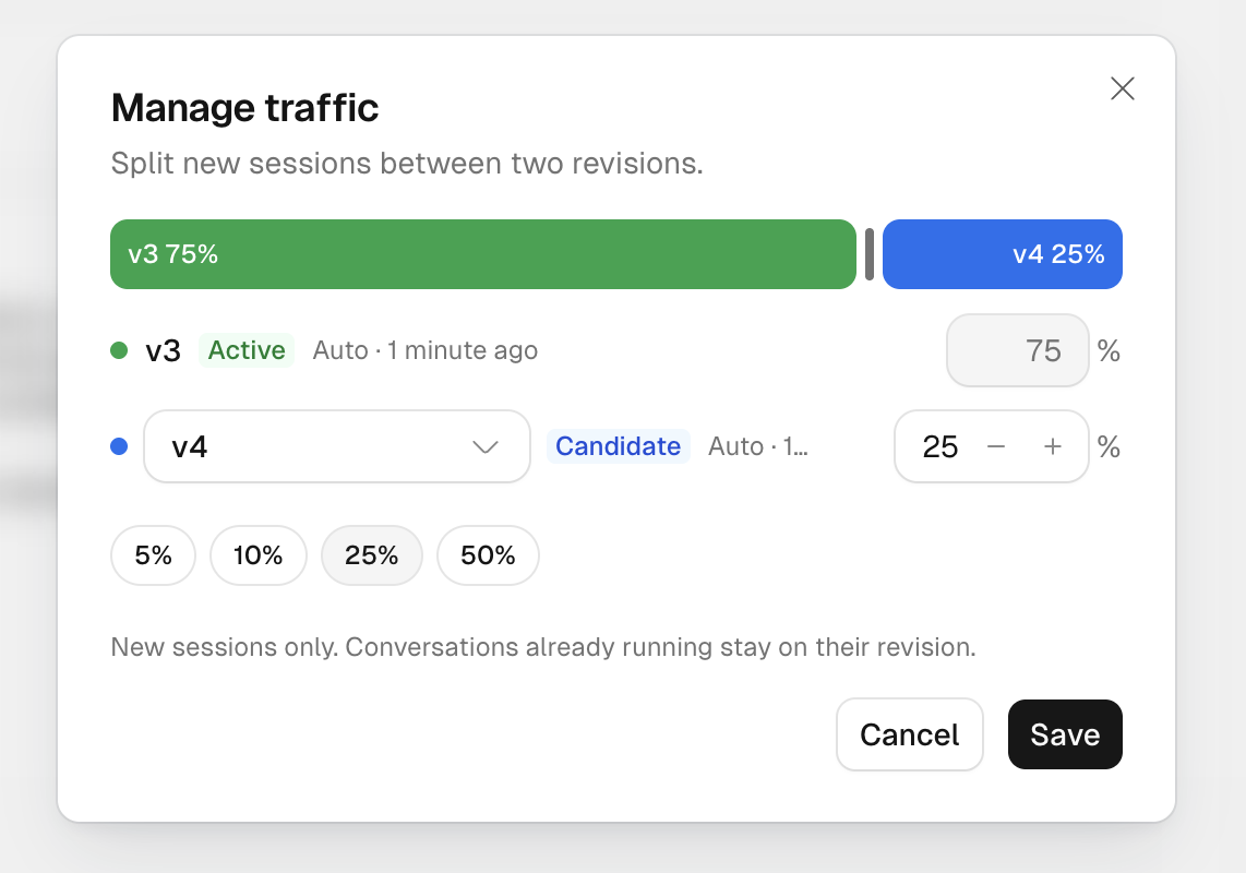Manage traffic dialog assigning 25% of new sessions to a candidate revision and 75% to the active revision