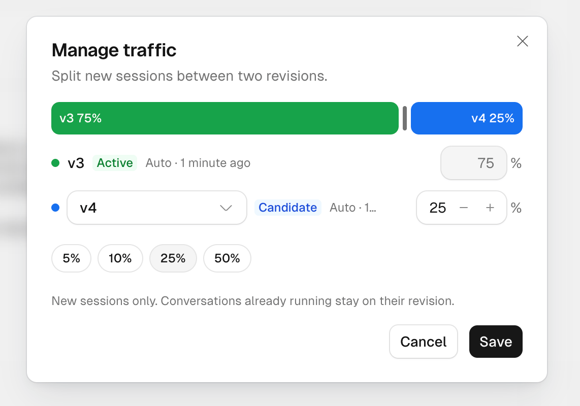 Manage traffic dialog assigning 25% of new sessions to a candidate revision and 75% to the active revision