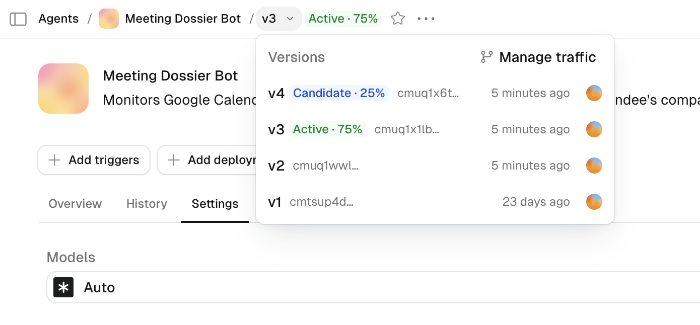 Versions menu during a split showing a candidate revision at 25%, the active revision at 75%, and Manage traffic