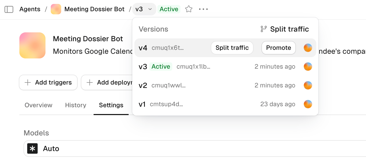 Versions menu showing the Split traffic action for a saved revision and the Active badge on the current revision