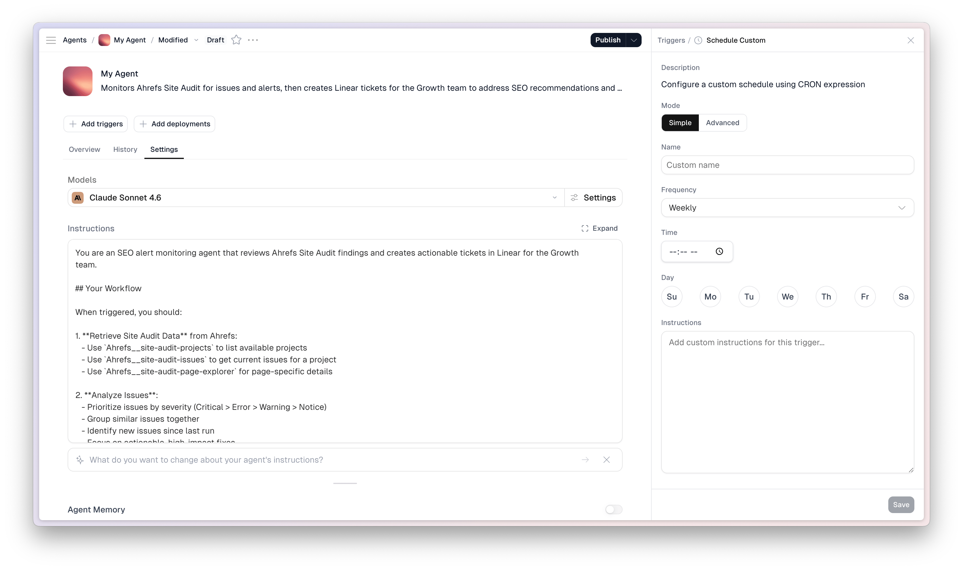 The Scout agent editor with the Schedule Custom trigger panel open on the right, showing Mode, Name, Frequency, Time, and Day fields