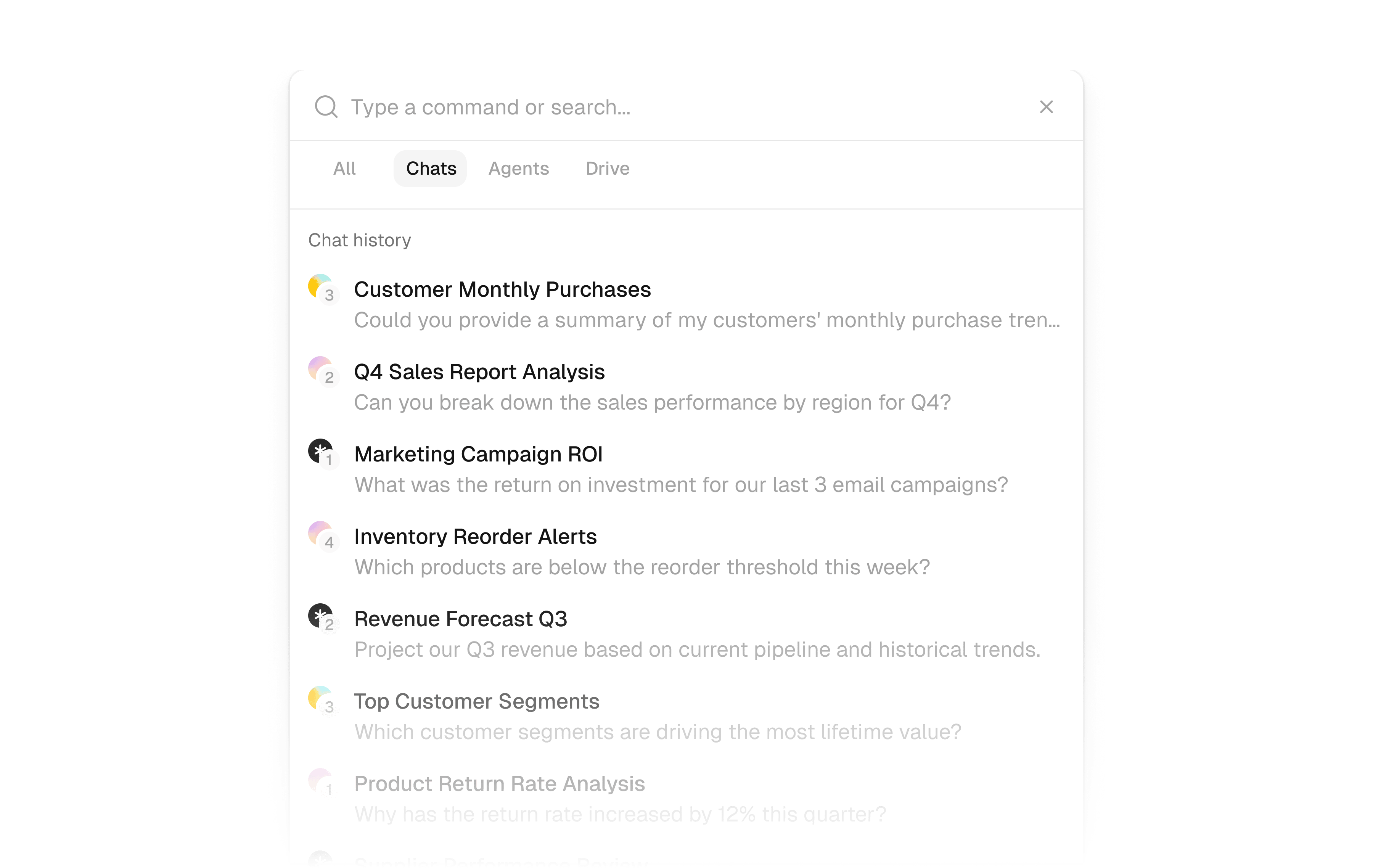 Search with the Chats tab selected, previewing recent chat history