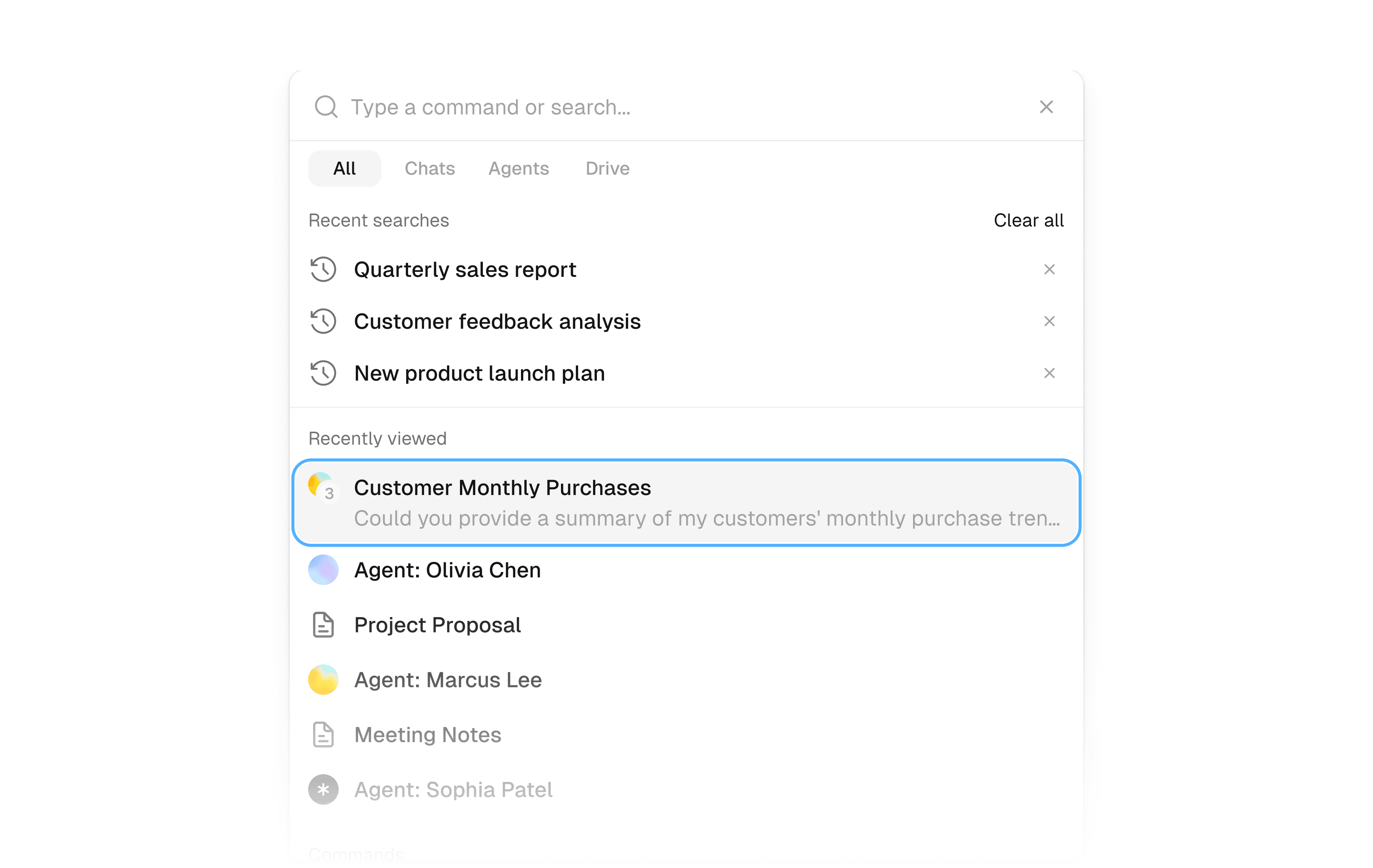 Search with a result highlighted, ready to open with Enter