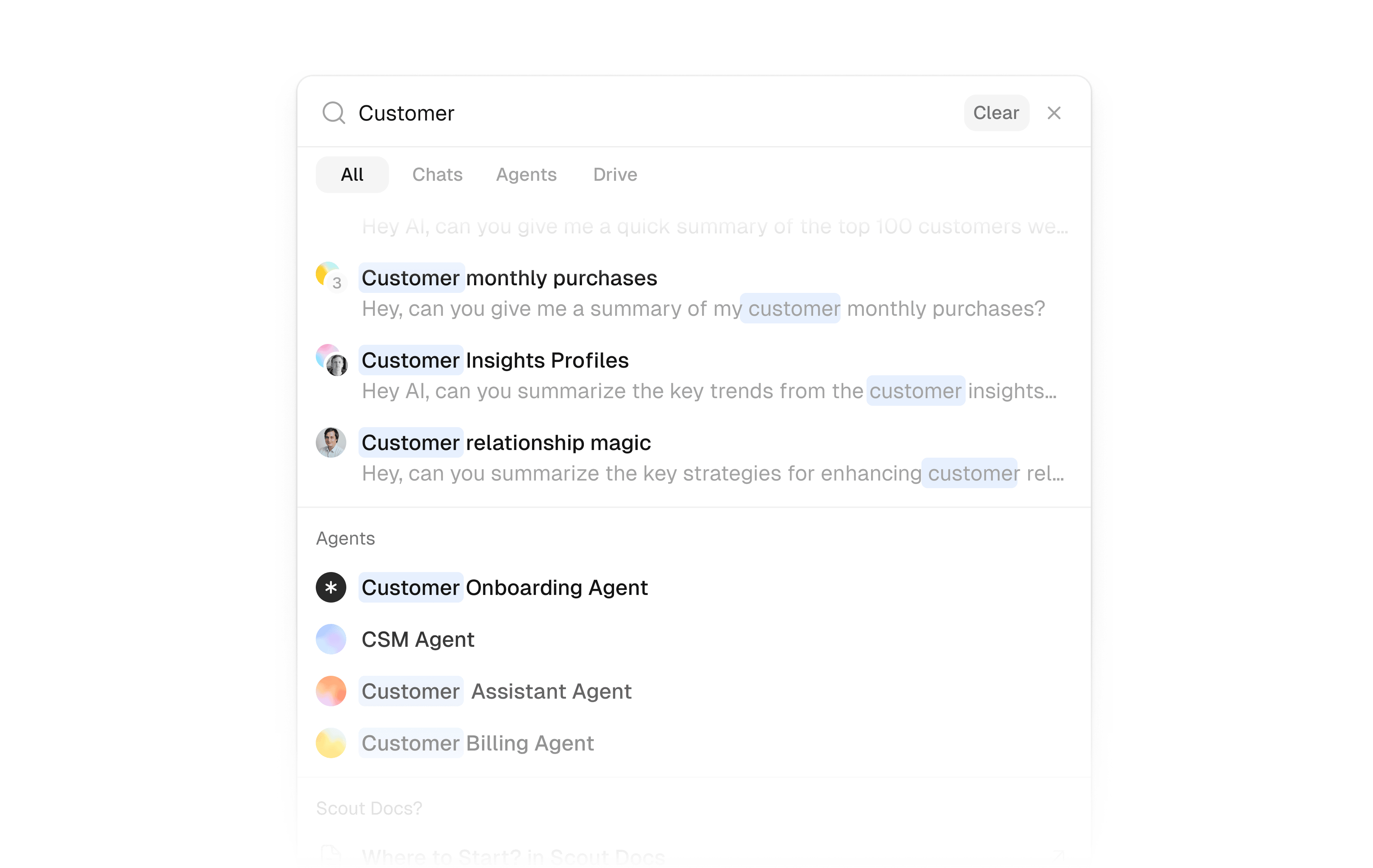 Search filtering results as you type, grouped by section