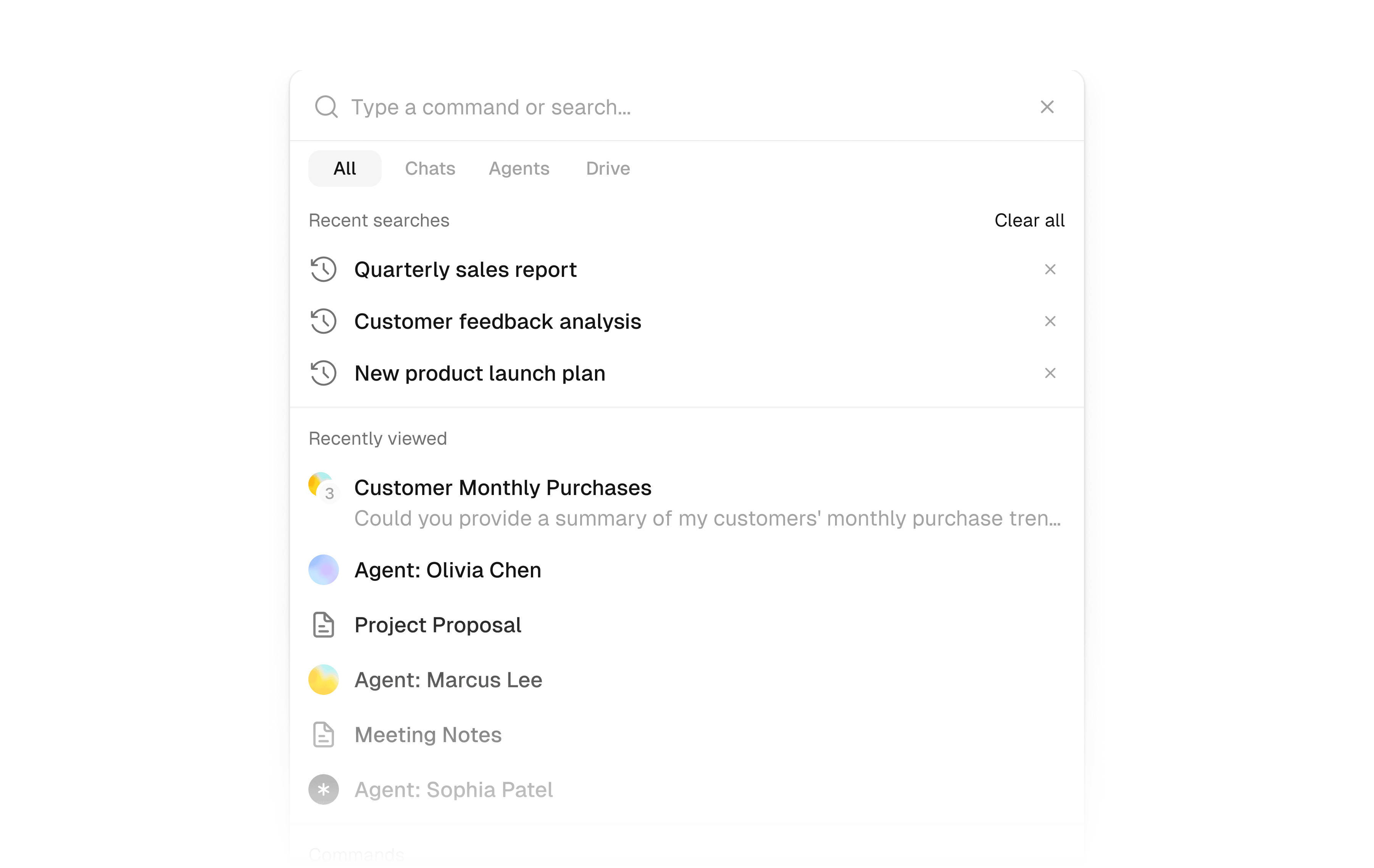 Search open over Scout Studio, showing the search field, section tabs, and recent searches and items
