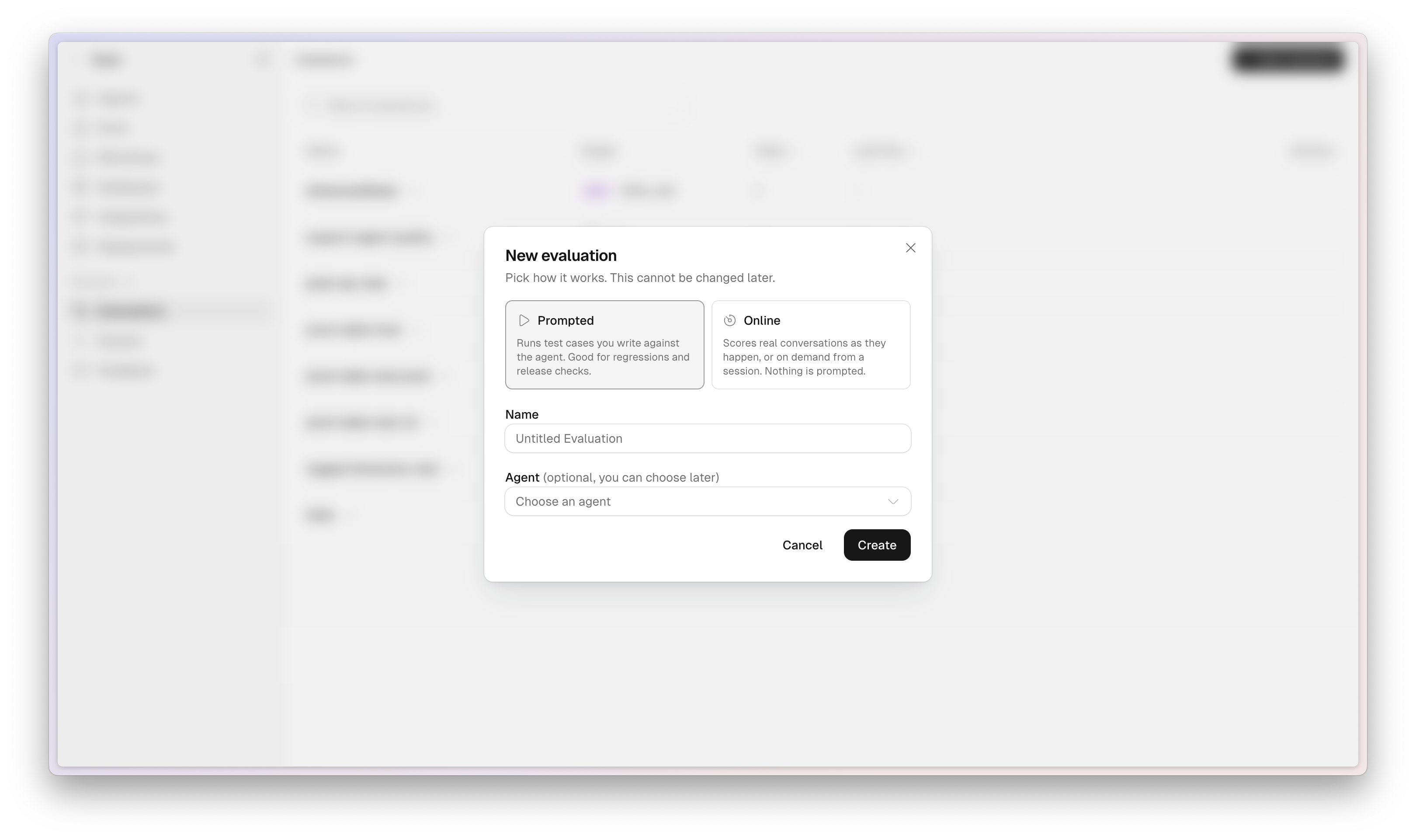 The New evaluation dialog with Prompted and Online cards, Name set to Untitled Evaluation, and an optional Agent picker