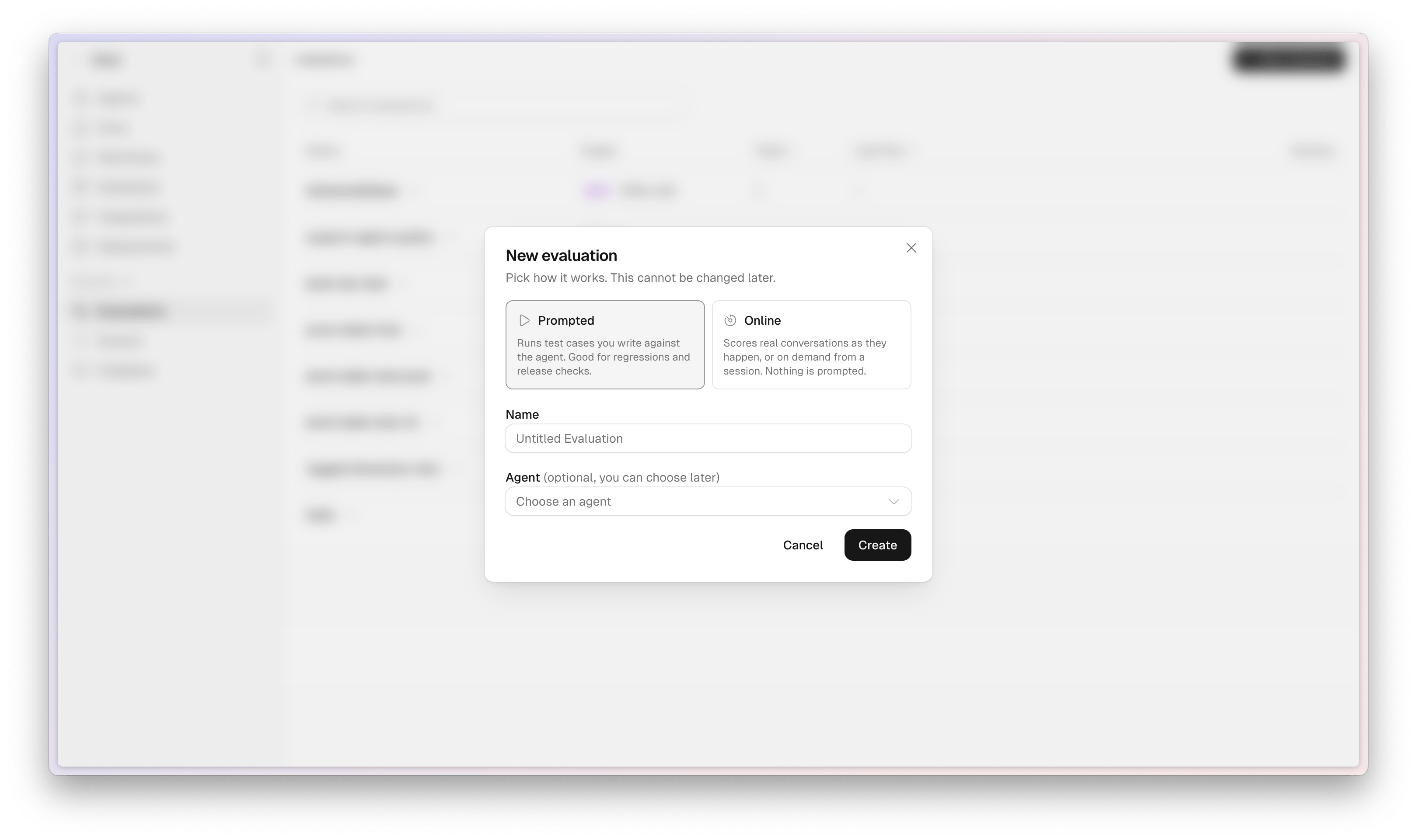 The New evaluation dialog with Prompted and Online cards, Name set to Untitled Evaluation, and an optional Agent picker