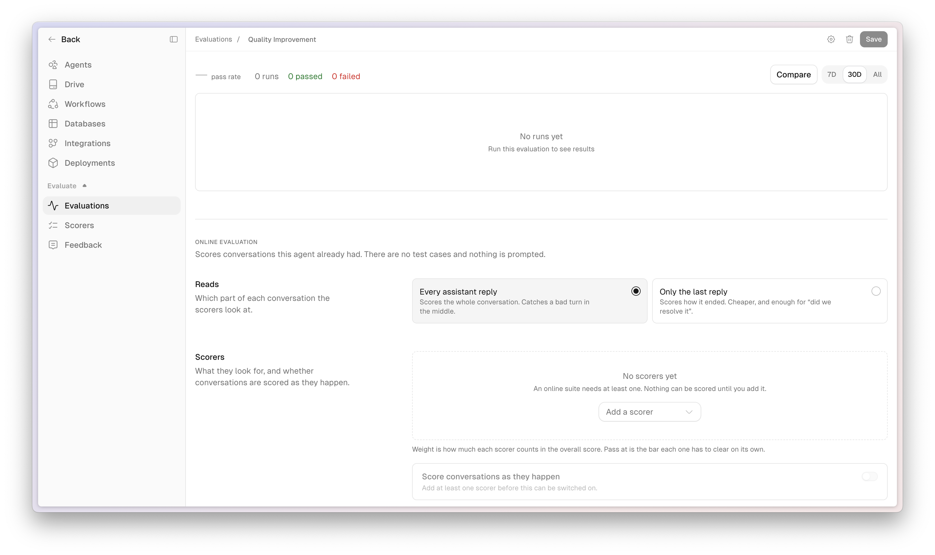 The Quality Improvement online evaluation setup with Reads set to every assistant reply, an empty Scorers list, and Score conversations as they happen switched off