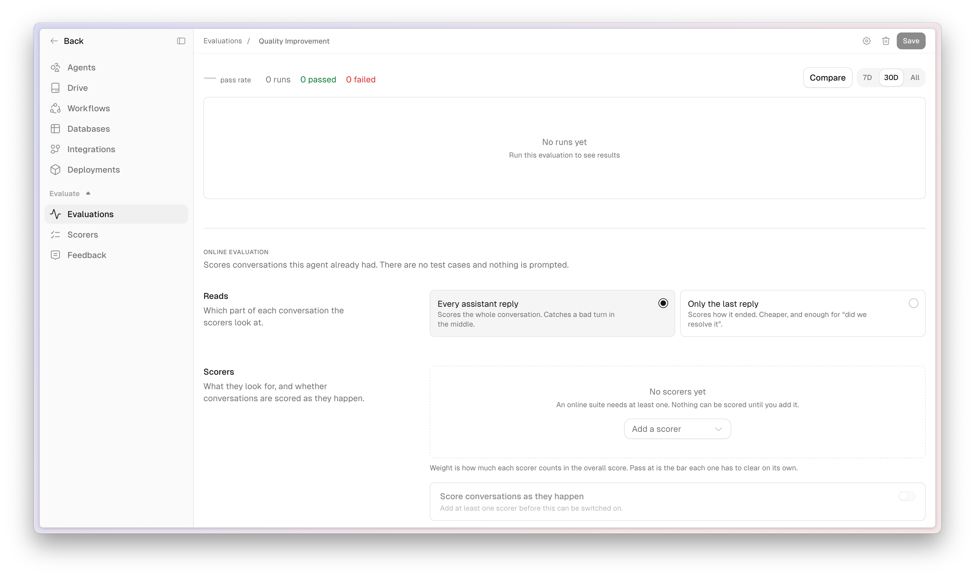 The Quality Improvement online evaluation setup with Reads set to every assistant reply, an empty Scorers list, and Score conversations as they happen switched off