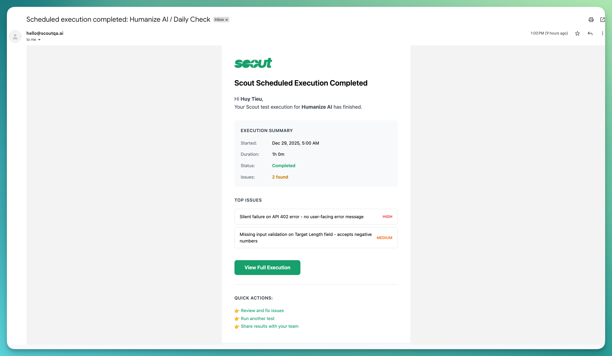 Email notification after execution