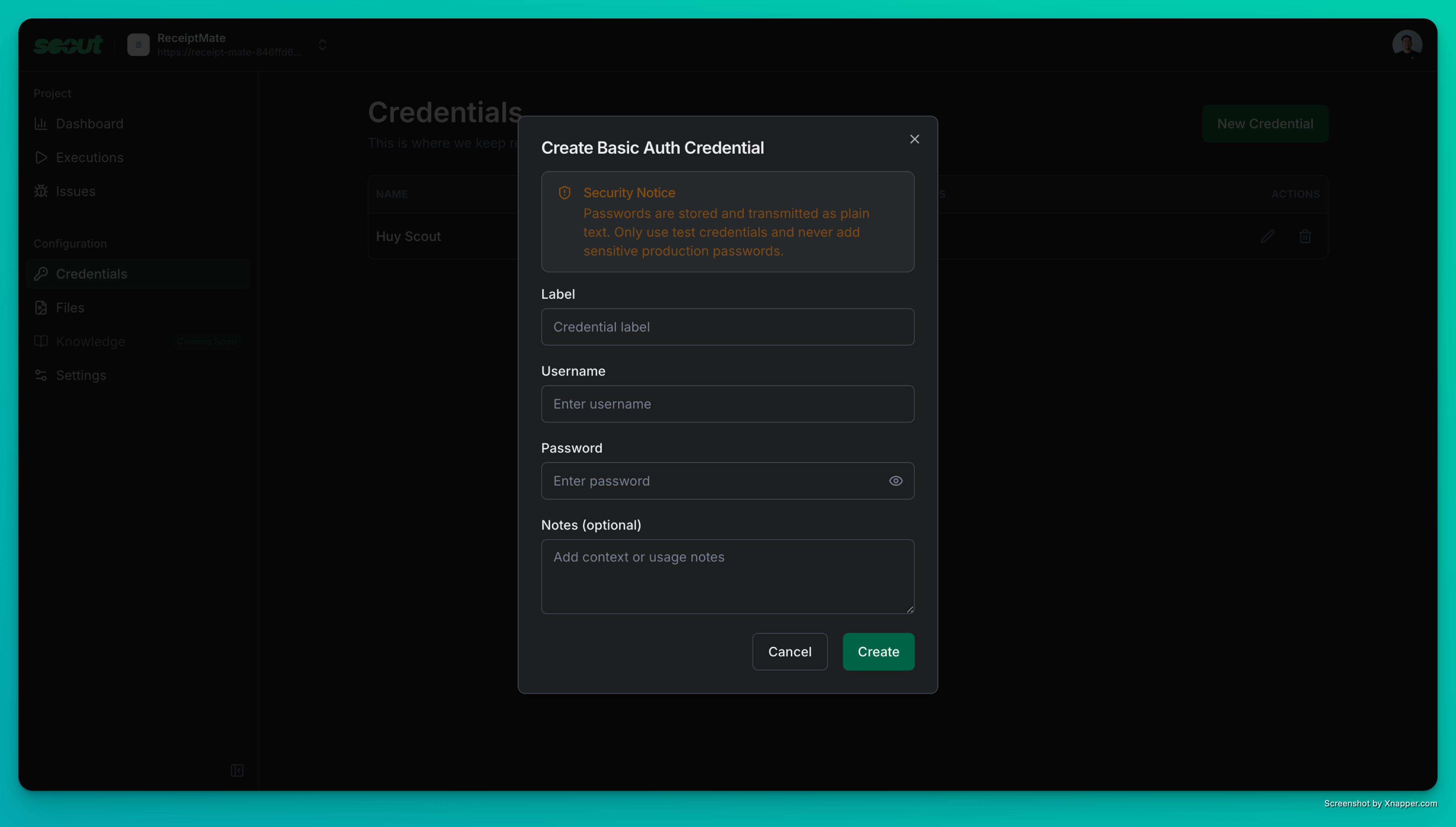 Add new credential modal