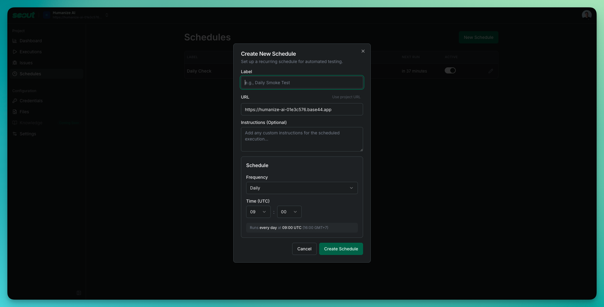Create schedule dialog