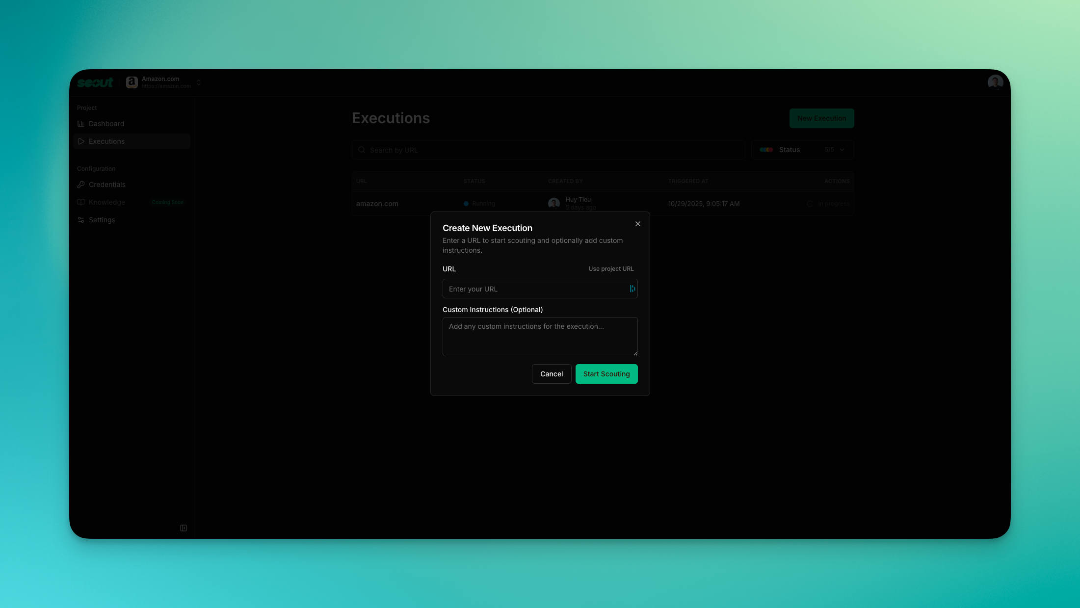 Modal for launching a new execution