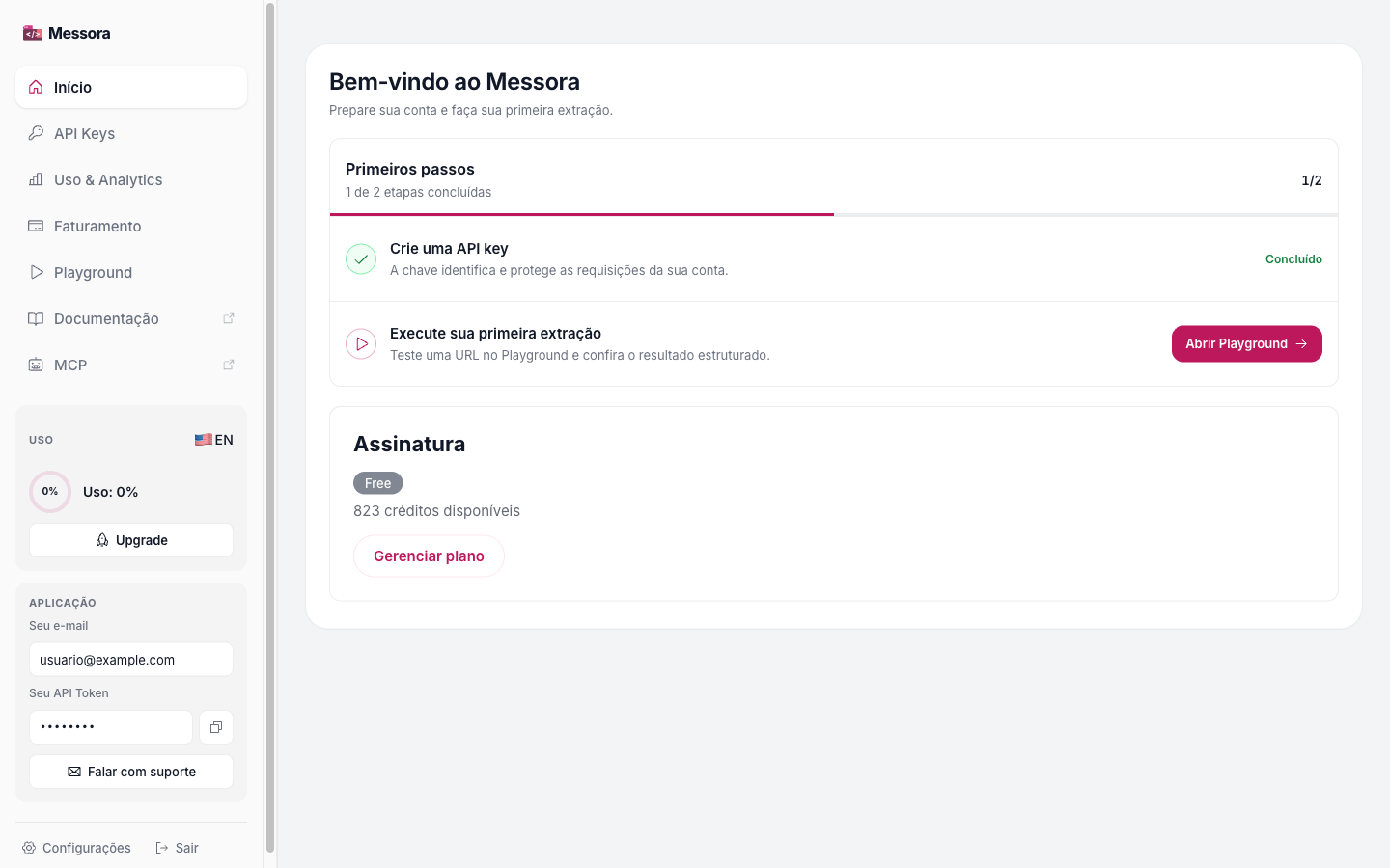Dashboard inicial do Messora