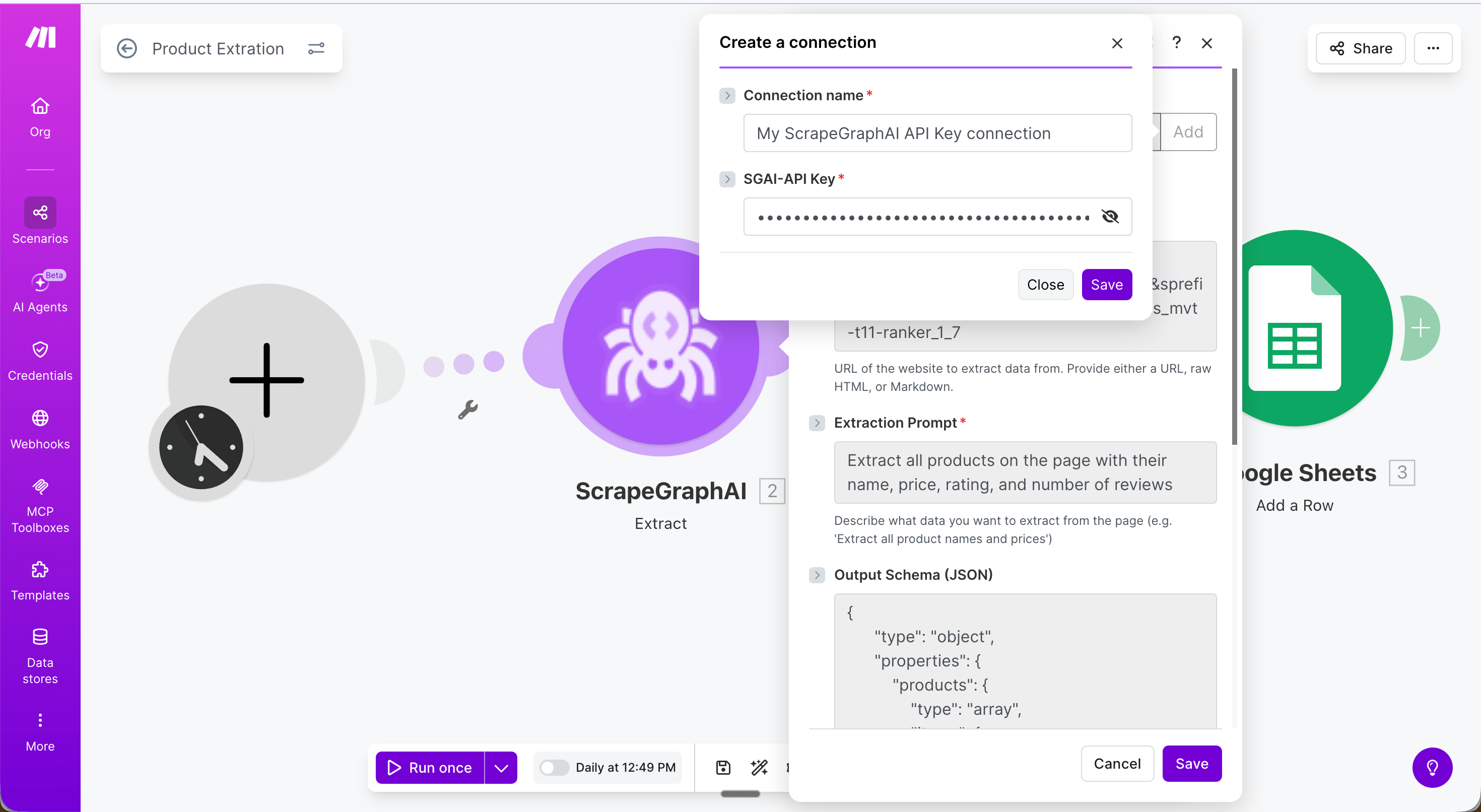 ScrapeGraphAI connection dialog in Make