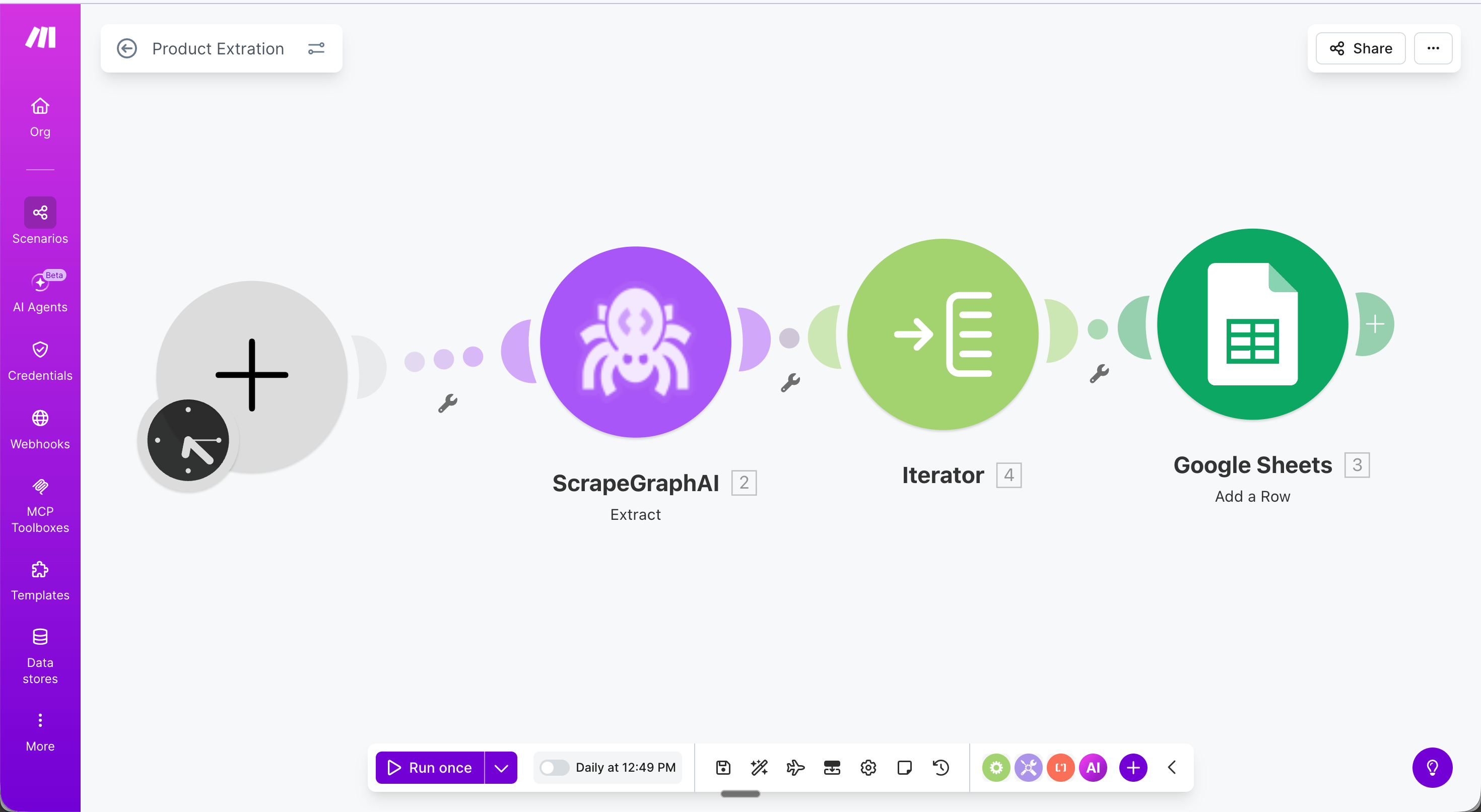 Full scenario: Schedule → Extract → Iterator → Google Sheets