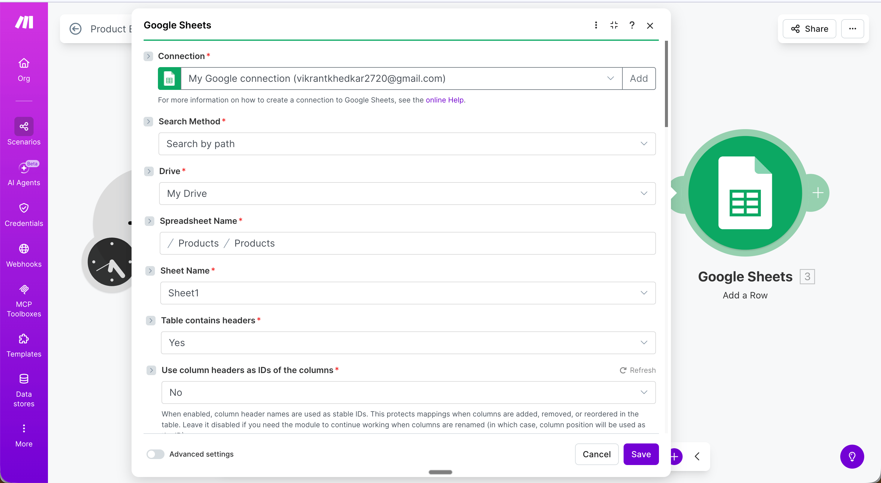 Google Sheets module configuration