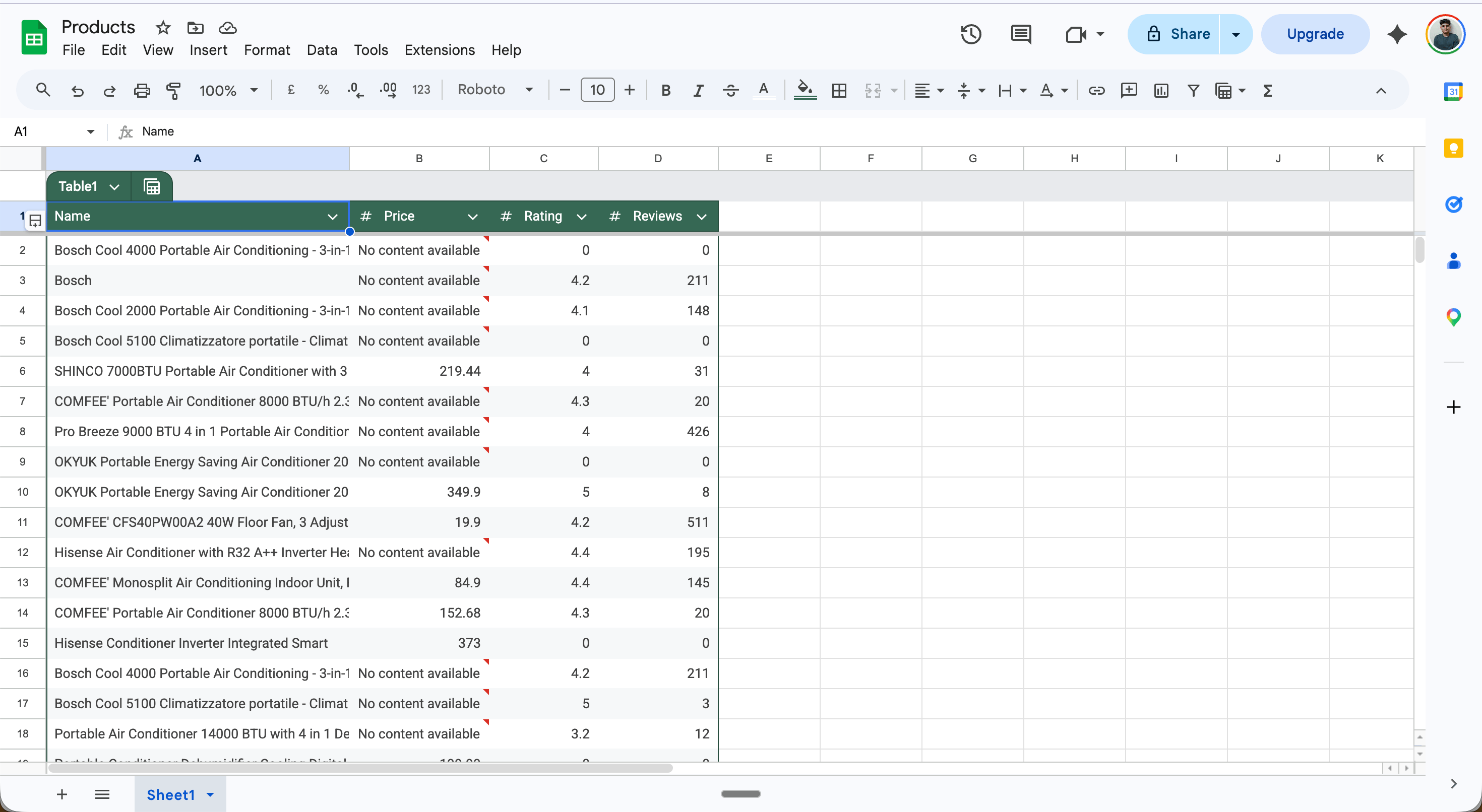 Google Sheets result with extracted product data