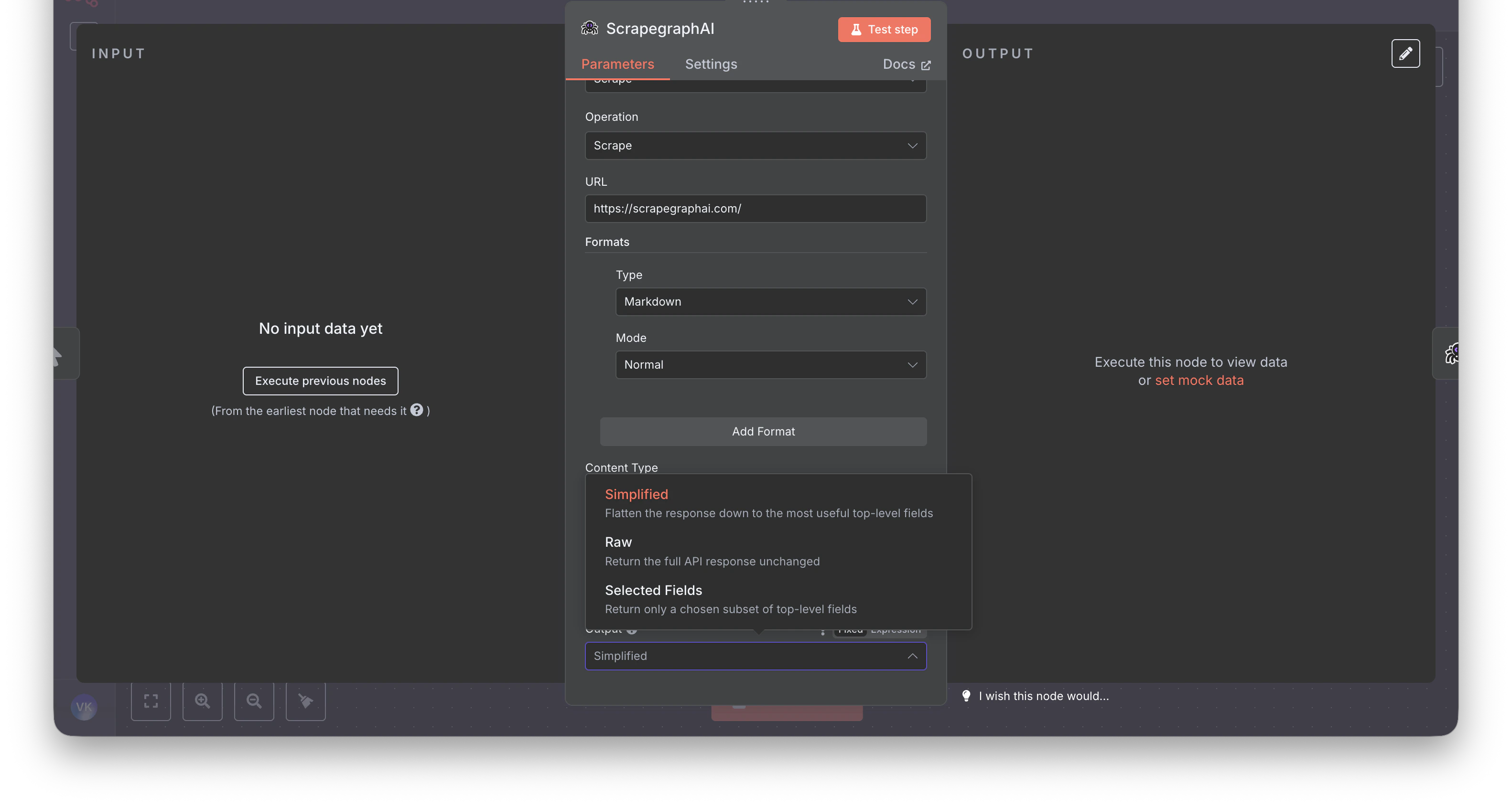 v2 Output dropdown showing Simplified, Raw, and Selected Fields modes