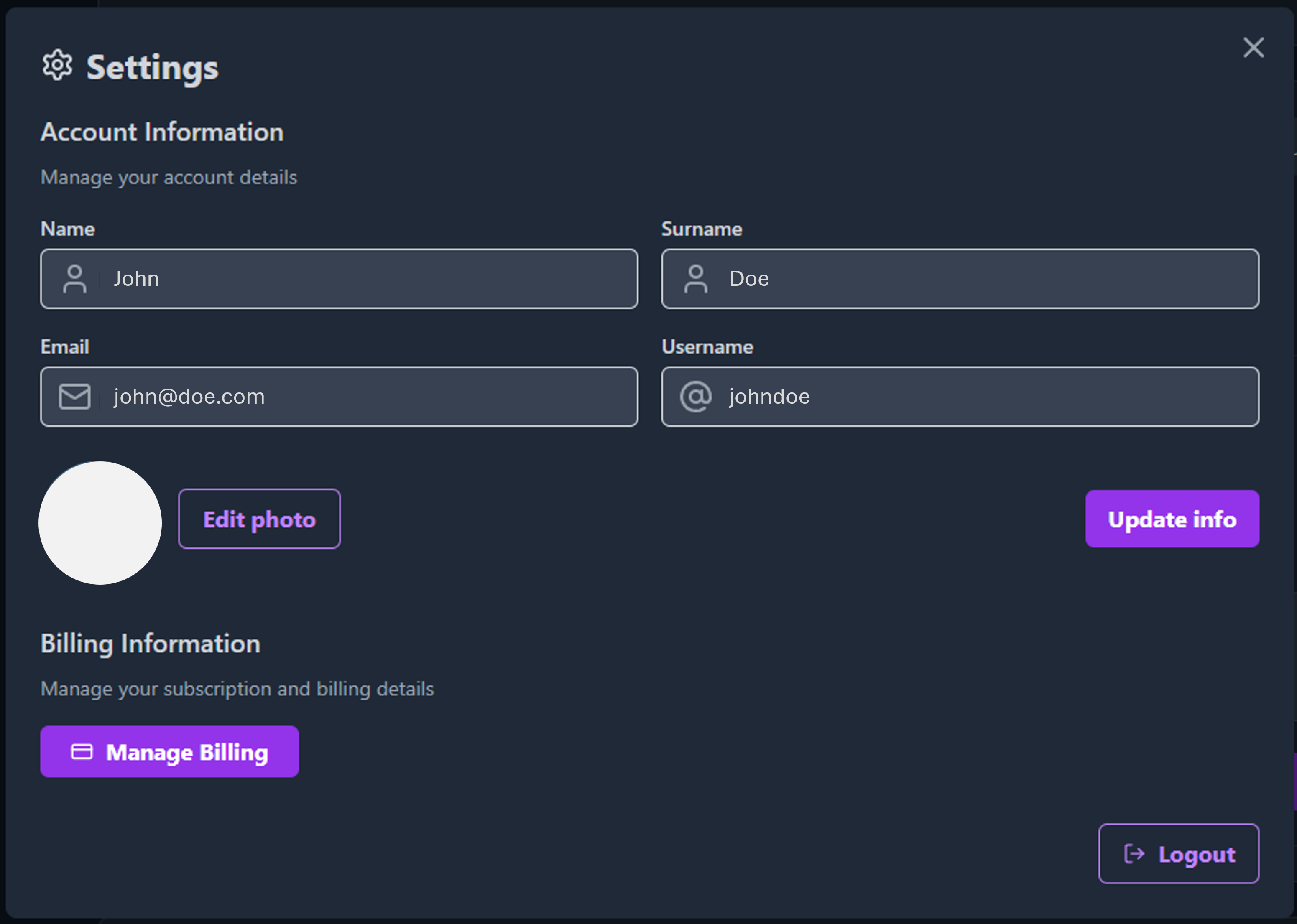 User Settings Interface