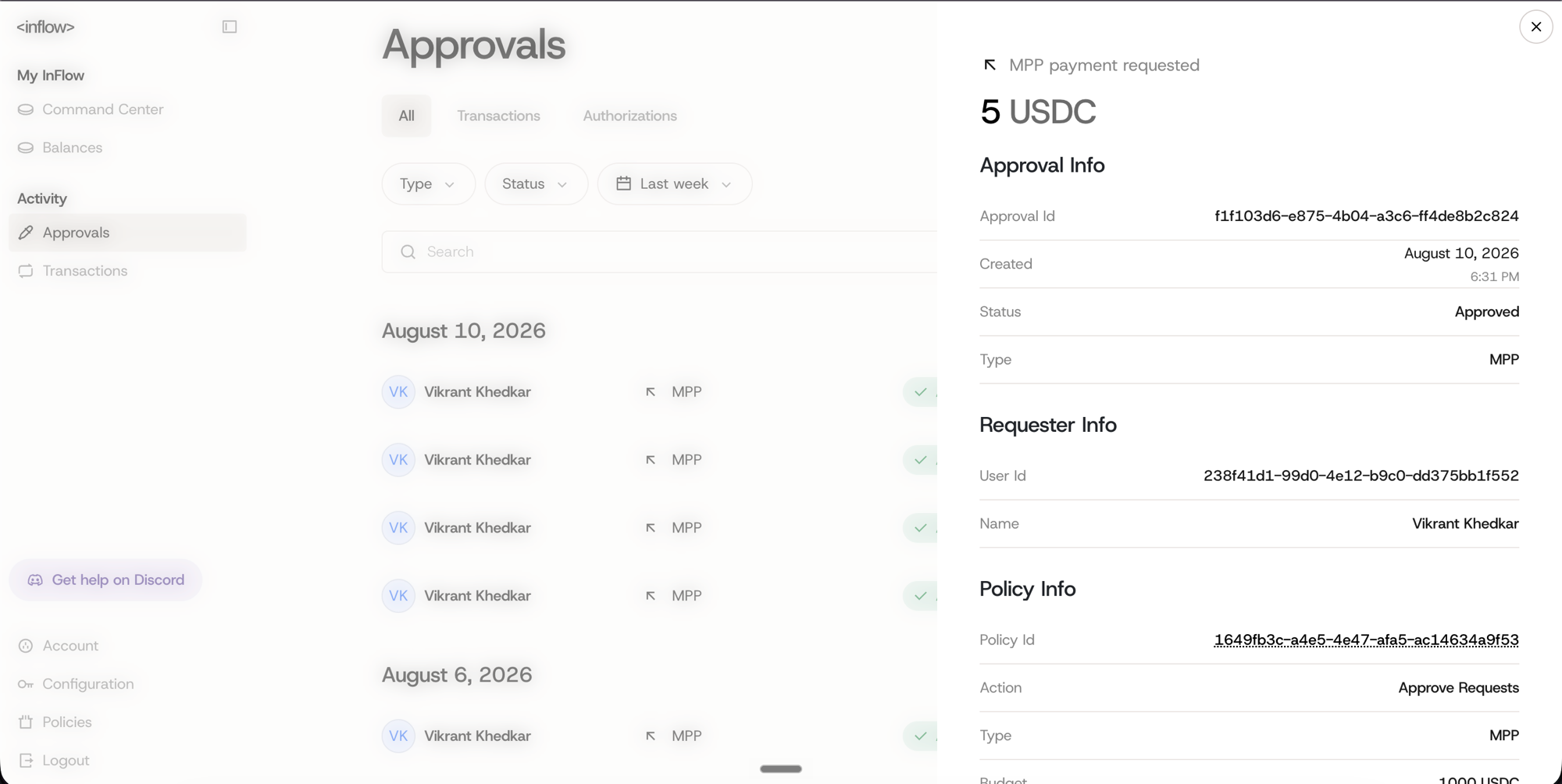 InFlow MPP payment approval for 5 USDC
