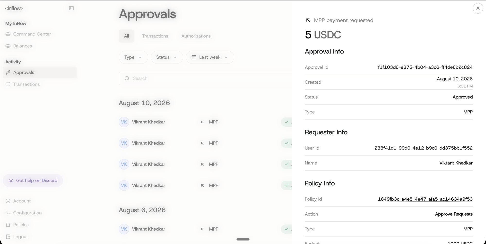 InFlow MPP payment approval for 5 USDC