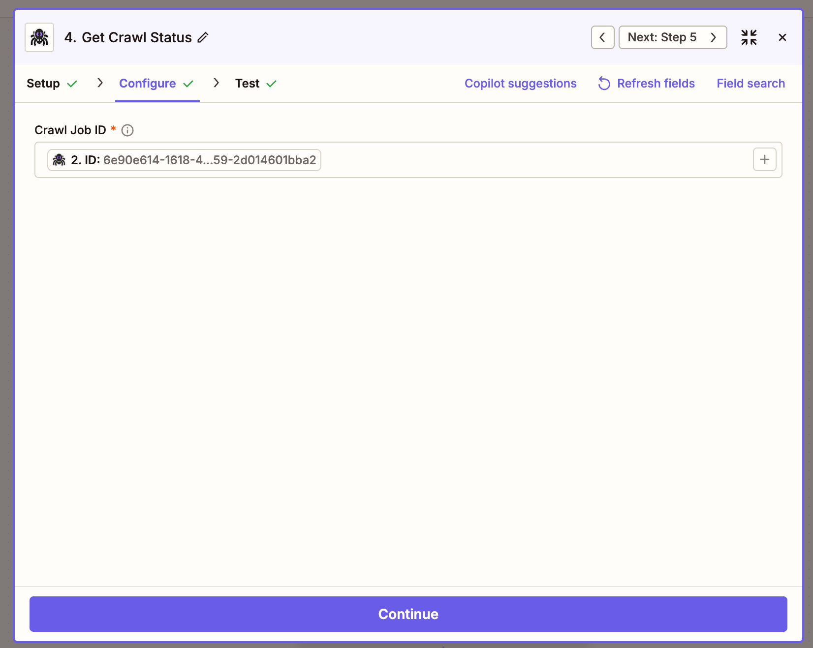 Get Crawl Status action with Crawl Job ID mapped from a previous step