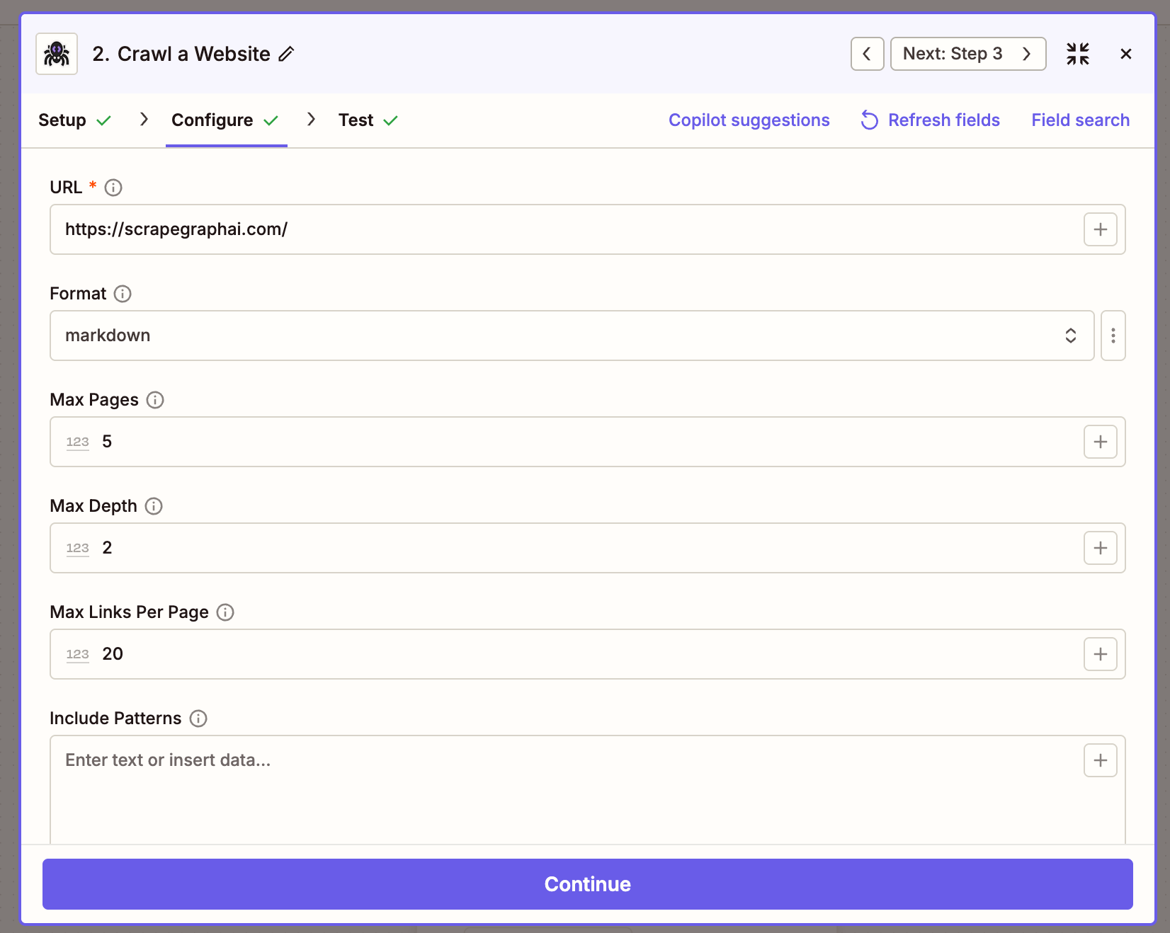 Crawl a Website action with URL, format, max pages, max depth, and max links per page