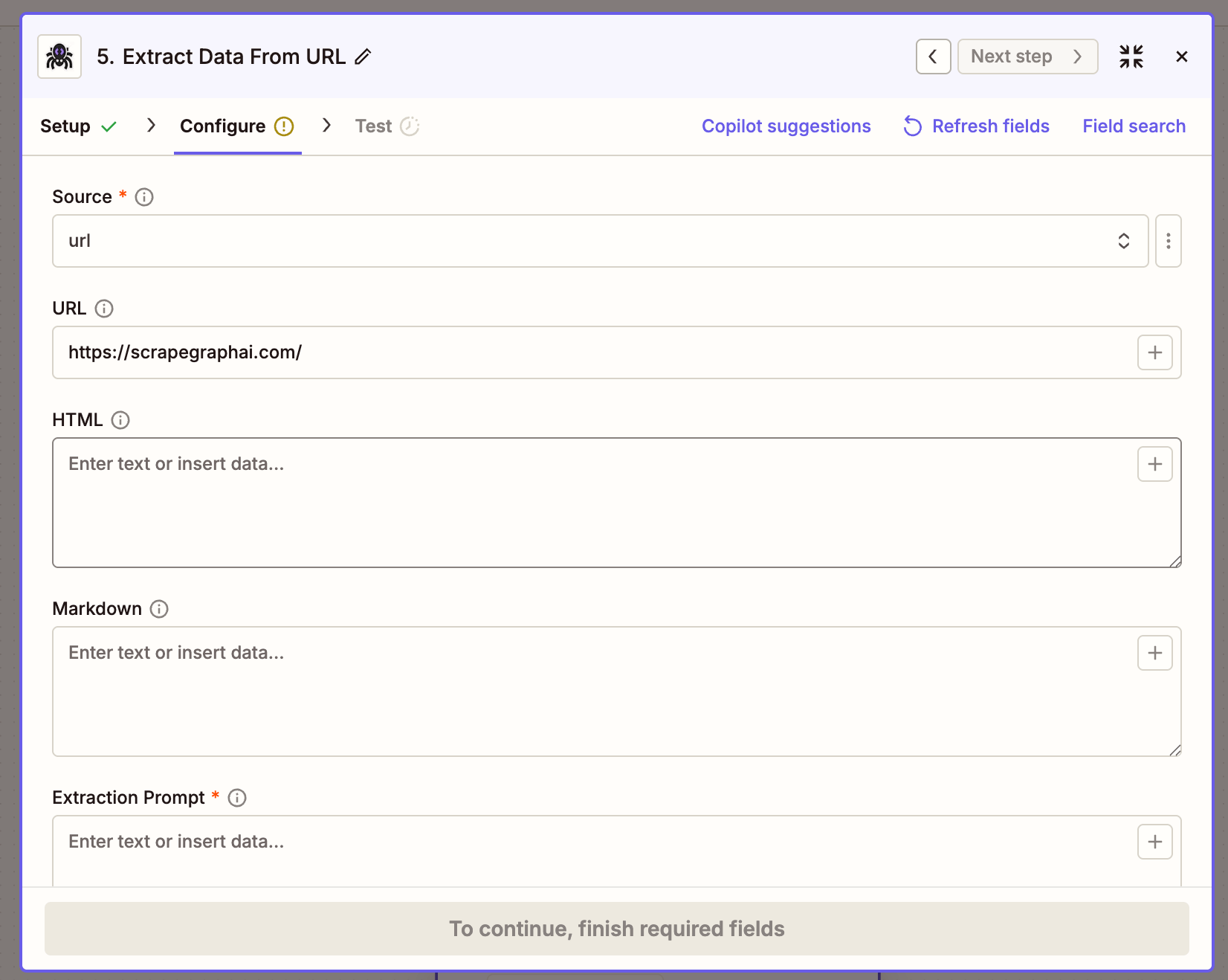 Extract Data From URL action configuration in Zapier